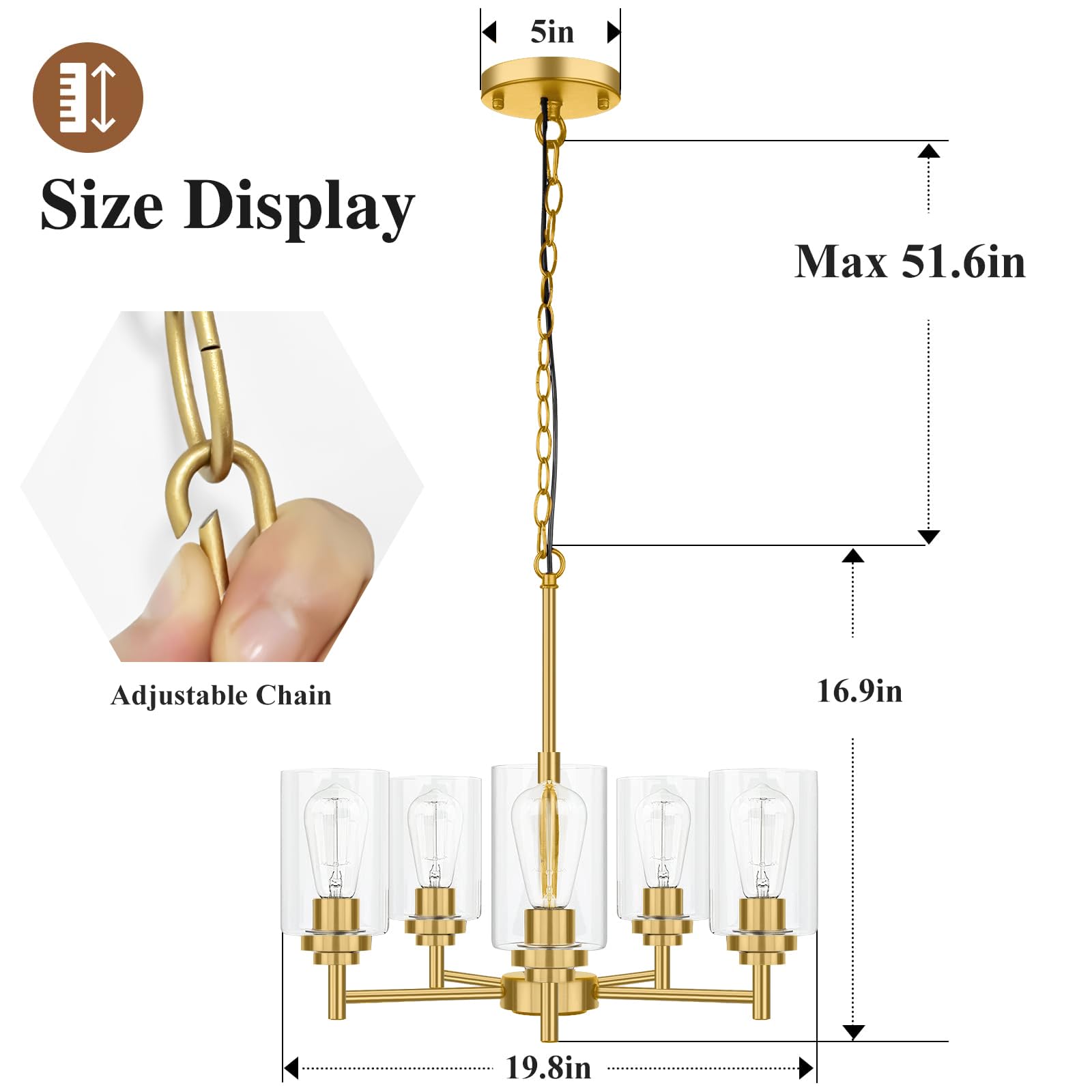 5-Light Chandelier For Dining Room Kitchen Island Modern Farmhouse Pendant Lighting With Clear Glass Shades Industrial Gold Hang