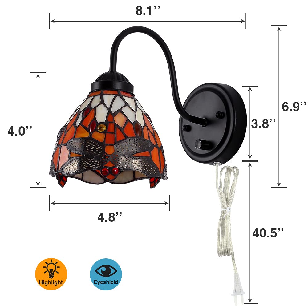Dengmall Tiffany Dragonfly Wall Sconce Lamp, Dimmable Gooseneck Light For Bedroom & Living Room