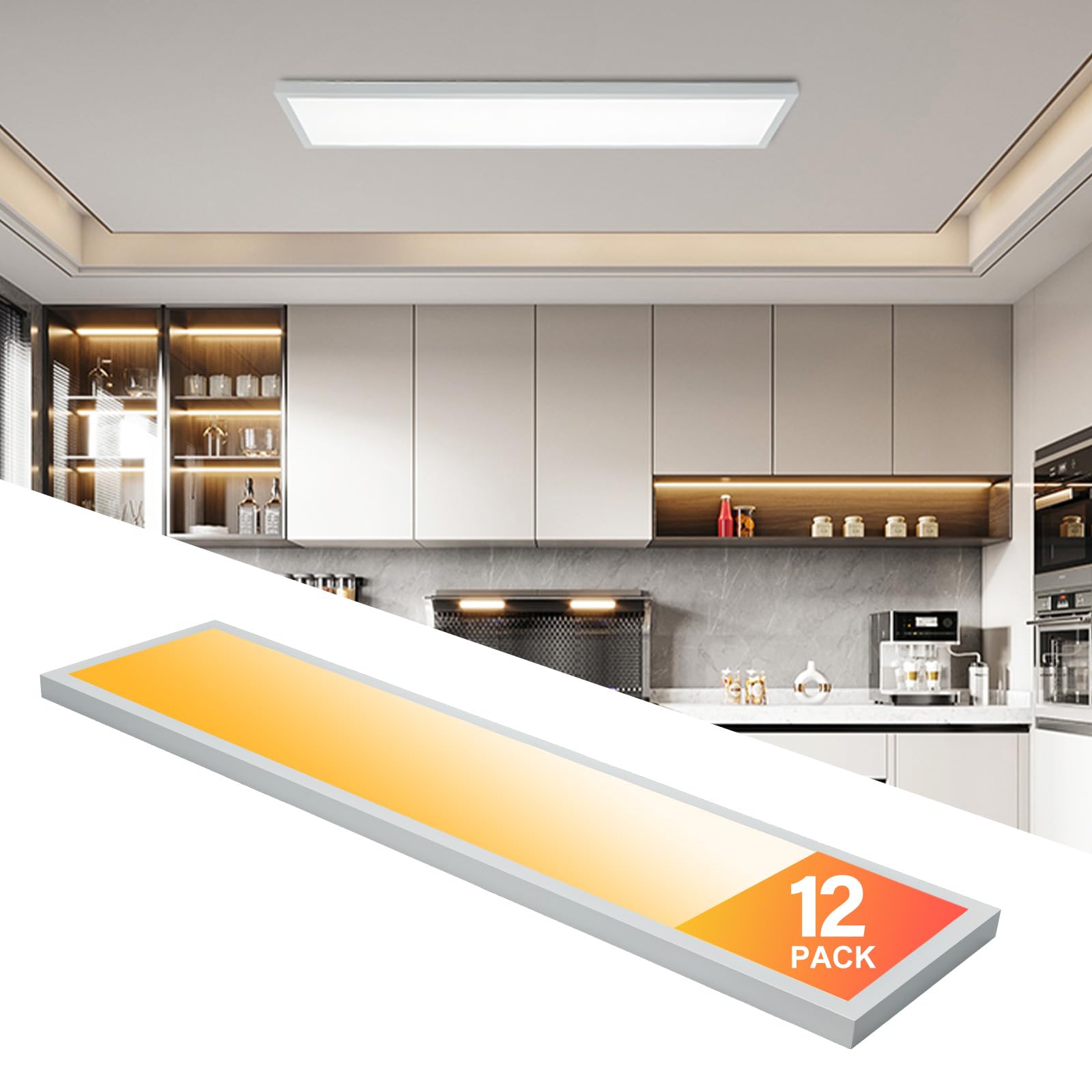 Mcacggo 12-Pack 1x4 LED Flat Panel Light Surface Mount, 3000K/4000K/5000K Selectable, Ultra-Thin Flush Mount LED Ceiling Light f