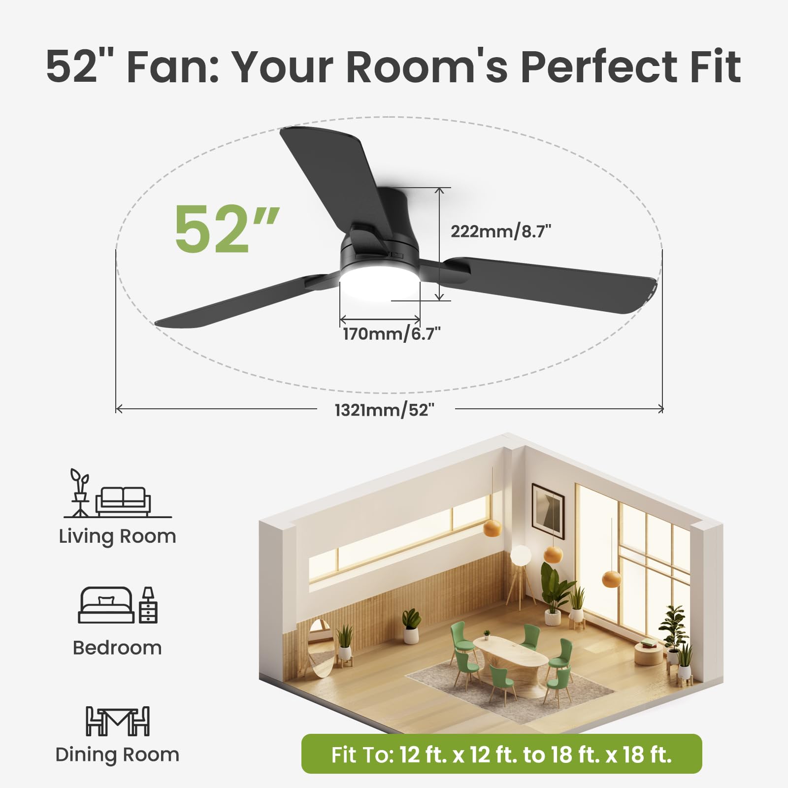 OSTIVE 52 Inch Ceiling Fan with Lights & Remote - Modern Black, Quiet Reversible DC Motor, 3CCT Dimmable LED for Indoor Use