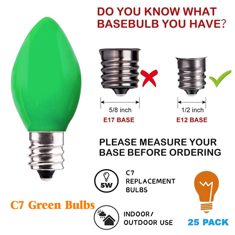 25 Pack C7 Green Light Bulbs St Patrick'S Day Decorations Replacement Bulbs C7 Light Bulbs C7 Incandescent Light Bulbs 5W C7/E12 Candelabra Base For Indoor/Outdoor String Lights St Patrick'S Day Decor