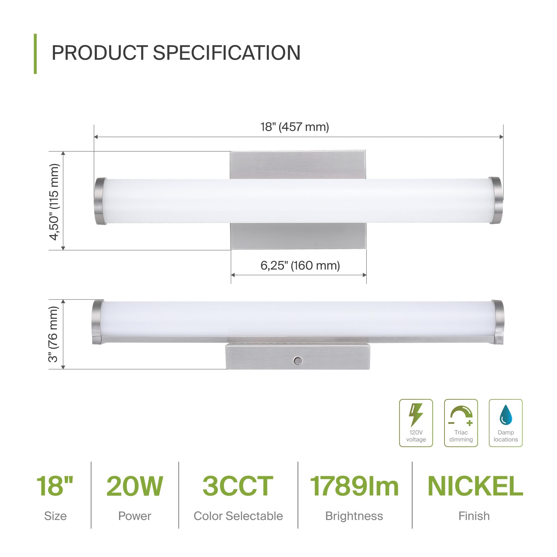 Asd Led 18 Vanity Wall Mount Light Fixture  Linear Bathroom Lighting Bar | 3Cct  Dimmable  Energy Star  Etl Listed | 20W 1500Lm 3000-5000K 120V | Long Tube Bath Sconce Over Mirror | Nickel  2 Pack