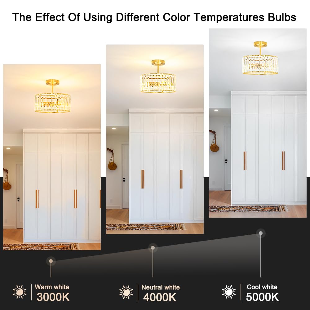 Lxybcce Modern Crystal Ceiling Light  Brushed Gold Semi Flush Mount Ceiling Lighting Fixture  Brass Hallway Light Fixtures Chandelier For Kitchen  Bedroom Dining Room Hallway Closet  3-Light  12 Inch