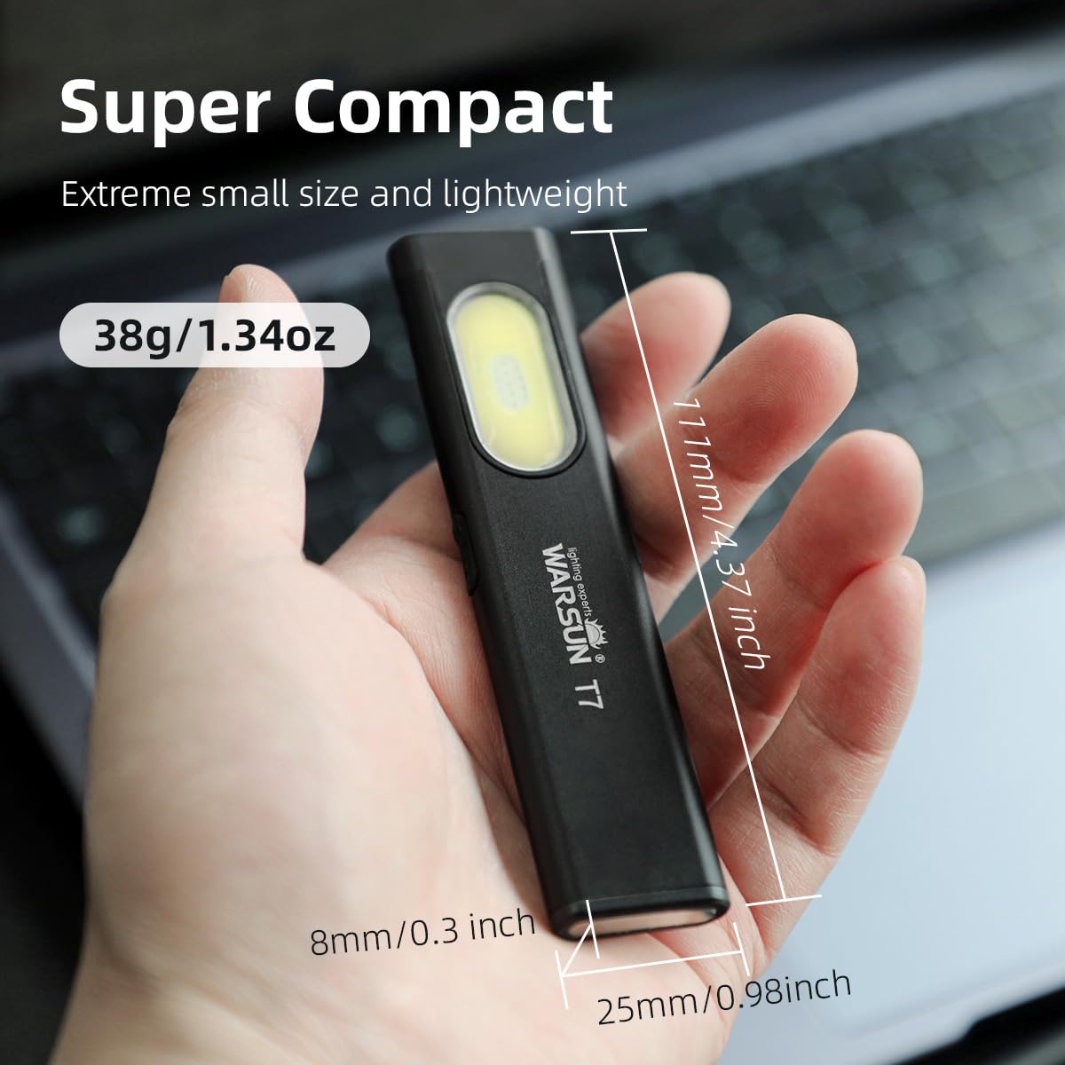 WARSUN Mini LED Flashlight T7 - 675LM, USB-C Rechargeable, IPX4, Black, Dual Material, Red/Blue Strobe, Perfect for Everyday Carry & Travel