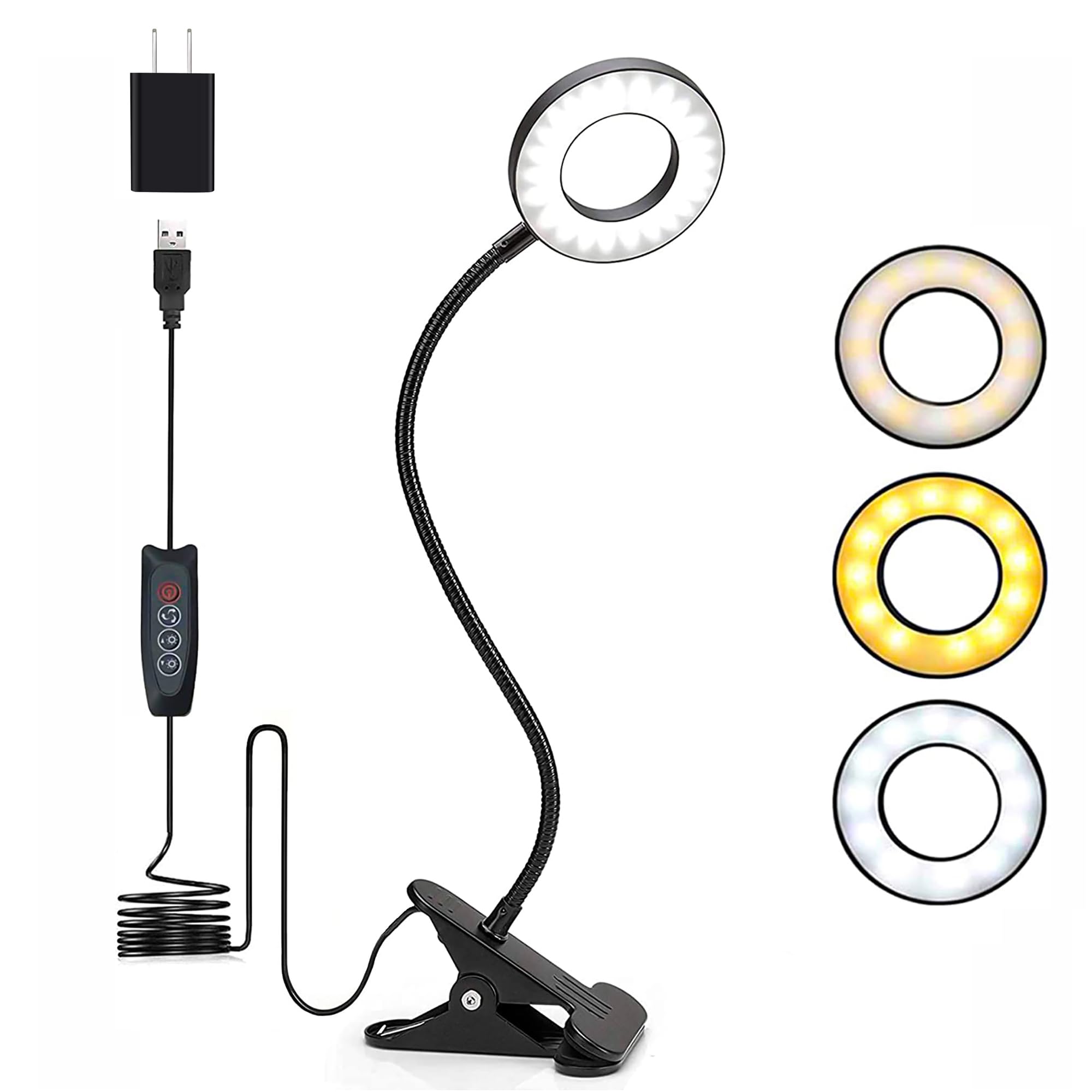 Foneso Desk Lamp Clip on Light with Adapter, 48 LED Reading Lamp with USB Charging Port, 3 Color Mode 10 Brightness Levels, Flex