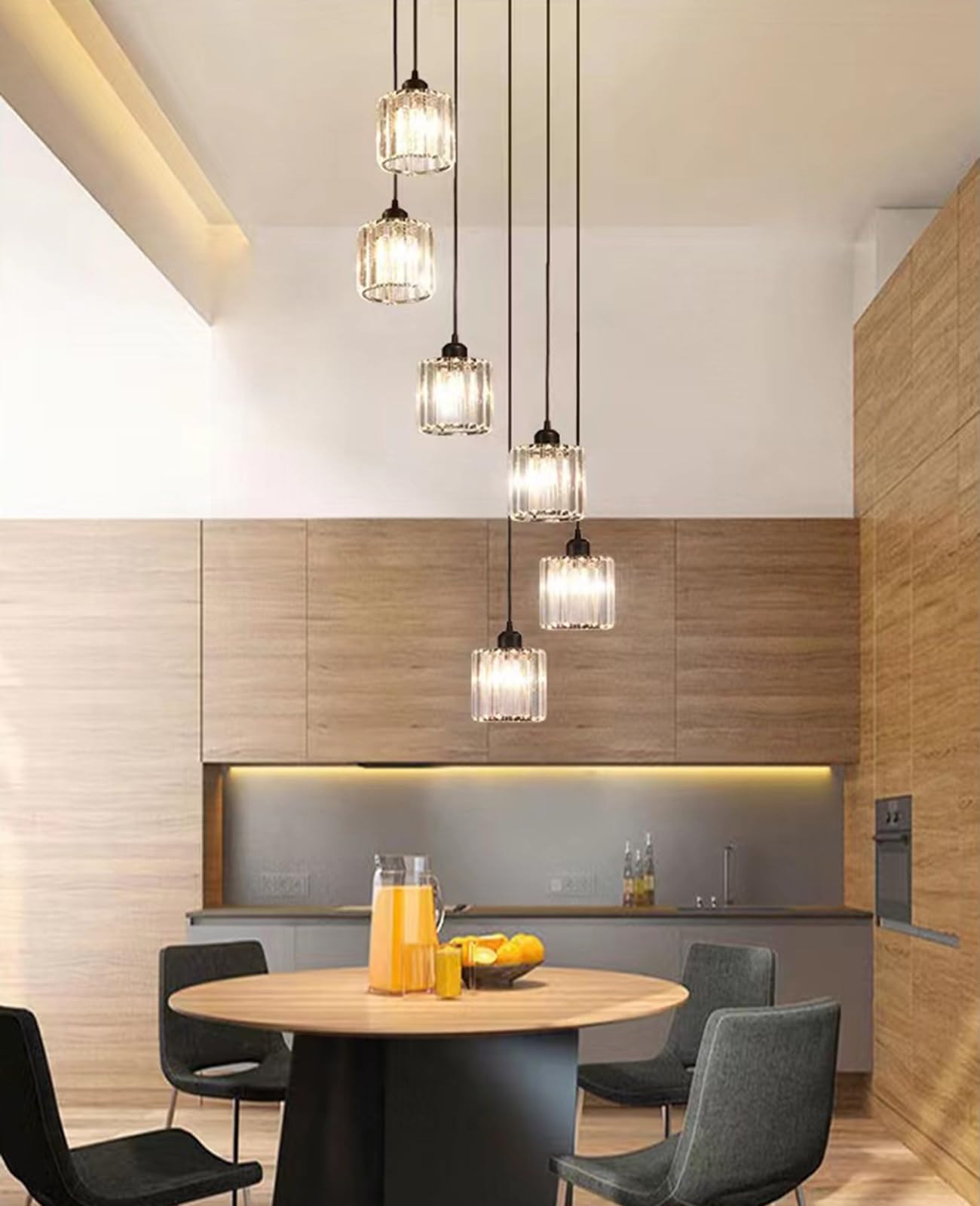 Meimond Modern Crystal Pendant Light - 6 Lights Metal Chandelier, Black, for High Ceilings, Foyer, Living Room, Model LTD-10