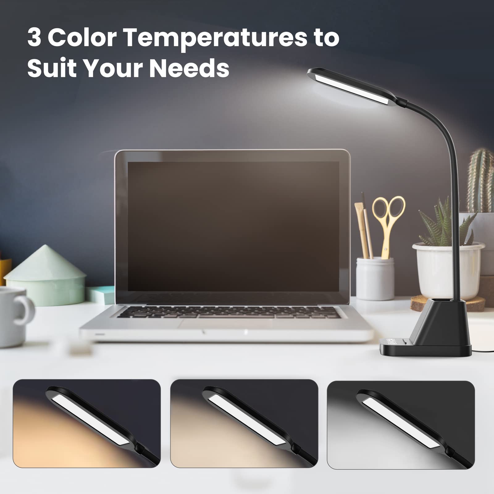 Led Desk Lamp With Usb Charging Port, Small Desk Lamps For Home Office, Axx Desk Light For Bedrooms, Black Office Lamp For Small