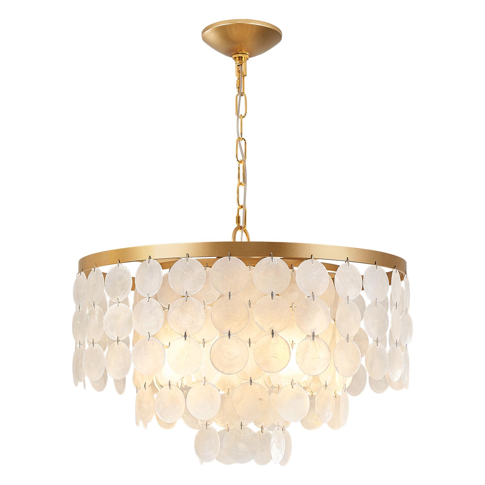 Hlmrchen Shell Chandelier, White And Gold Chandelier Light Fixture With 4 Lights Capiz Seashell Pendant For Foyer,Kitchen Island
