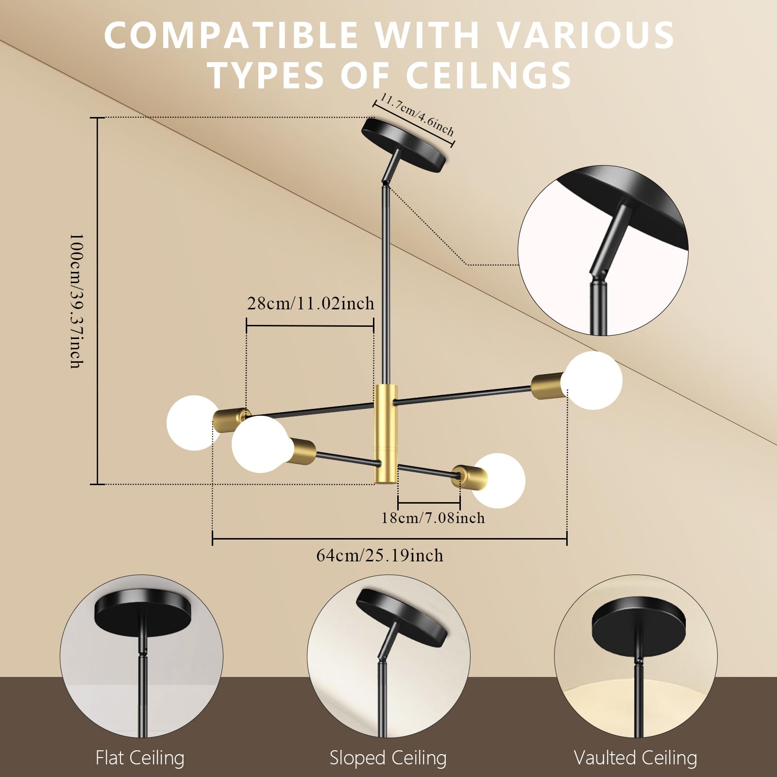 Modern Sputnik Chandelier, Ceiling Light Fixture Flush Mount 4-Lights Black And Gold Chandeliers For Living Room Bedroom Dining