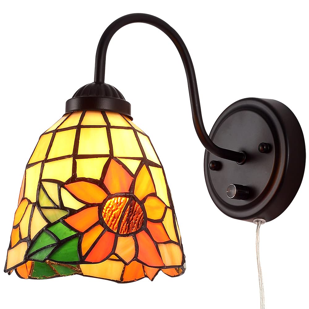 Dengmall Tiffany Wall Mount Lamp, Vintage Gooseneck Sconce With Dimmable Switch, Stained Glass Shade