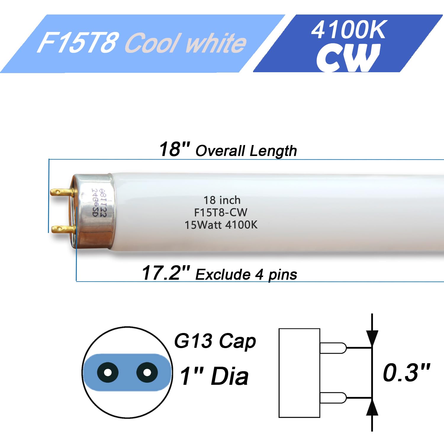 Flyercatch 2Pack F15W-T8-CW Cool White 15W Fluorescent Bulb, T8 Tube 4100K for RV, Plant Lighting, Fish Tank