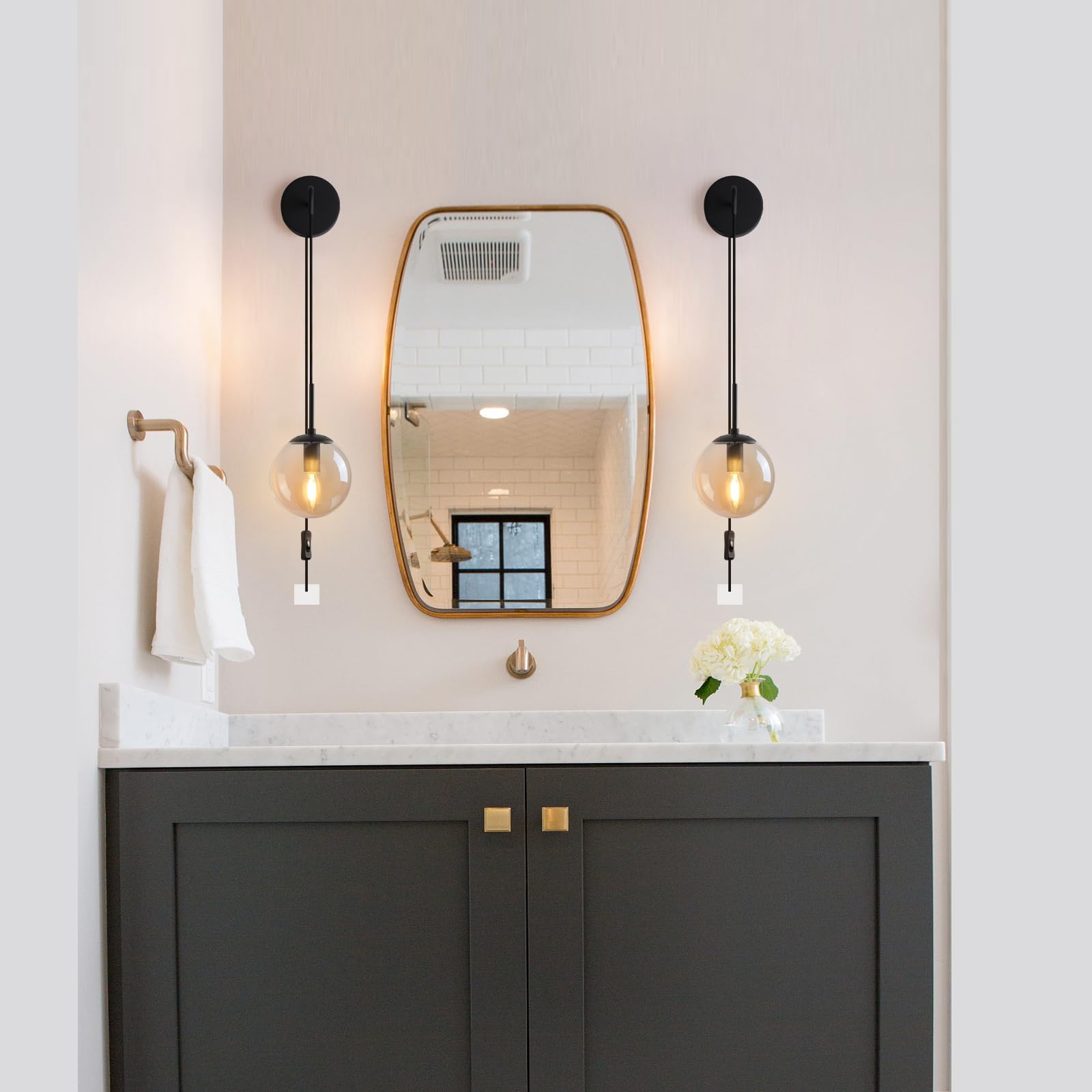 Wall Sconces Set Of Two Matte Black ?????? Wall Lights For Bedroom Plug In Wall Sconces Set Of 2 With Globe Amber Glass Shade In