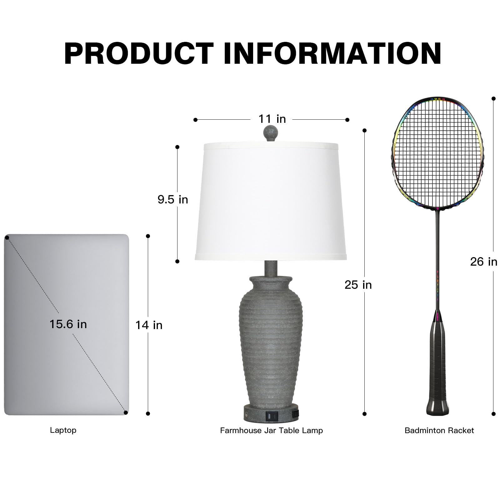 CINSARY 25 Grey Farmhouse Jar Table Lamps, 3 Way Touch Control Rustic Bedside Lamps with USB A+C Ports & AC Outlet, Pot Nightsta