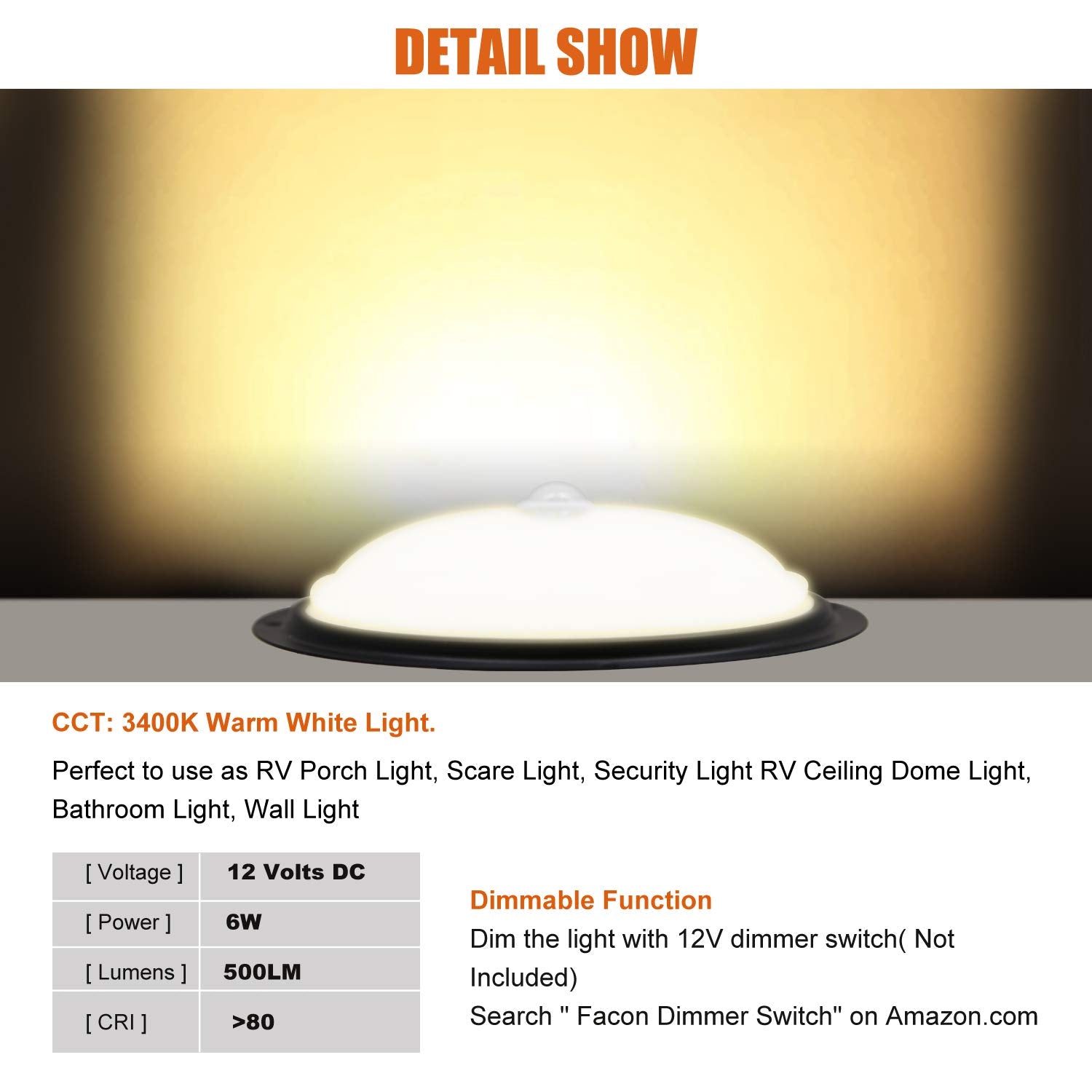 Facon 12V 8'' Rv Porch Light Scare Light Security Light - Ceiling/Wall Light Use In Door&Out Door, With Pir Motion Sensor Function - Water Proof Ip 66