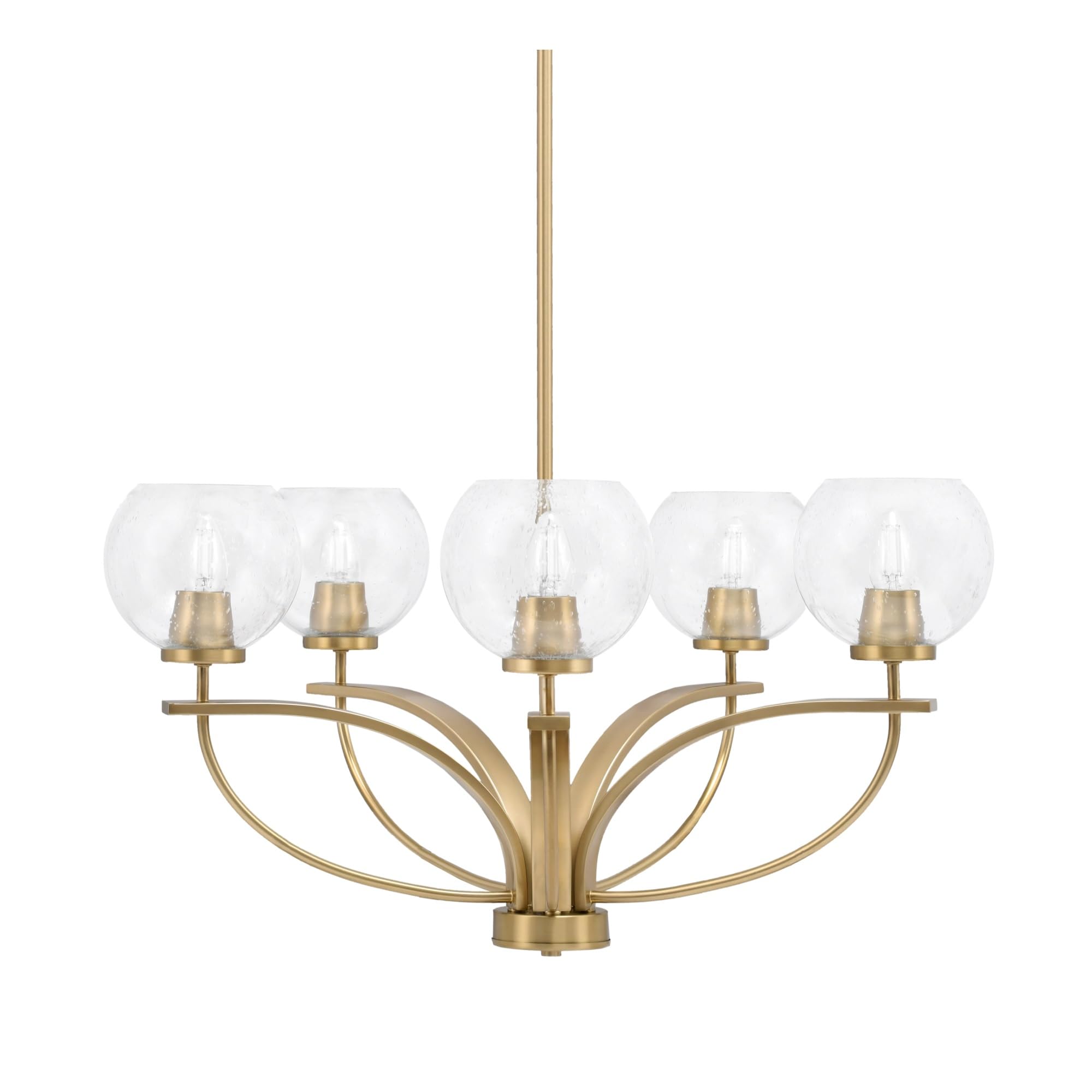 Toltec Lighting Cavella 5 Light, Uplight Chandelier, Hang Straight Swivel, New Age Brass Finish, 5.75&quot; Clear Bubble Glass