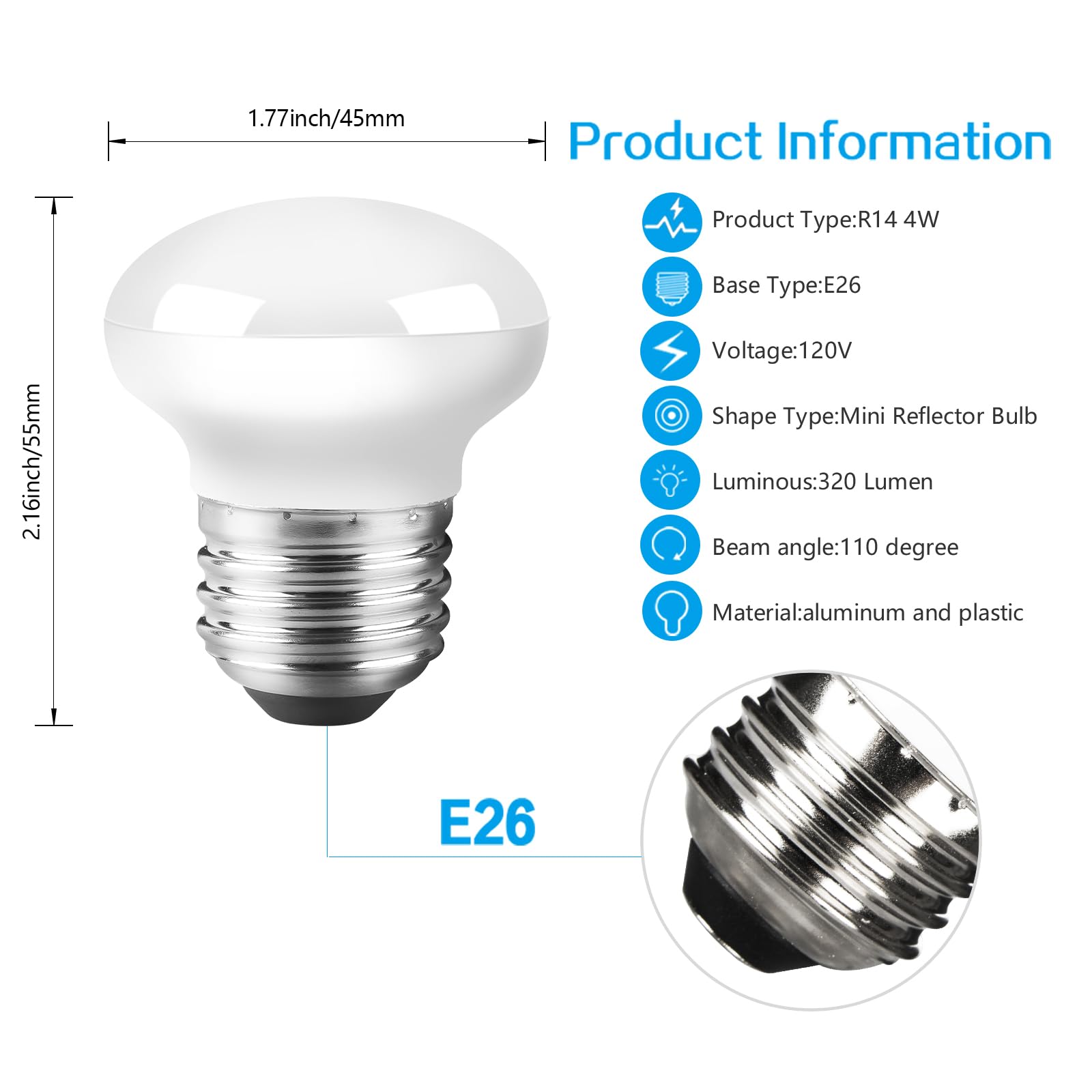 Haian Support R14 Mini LED Floodlight, 4W (25W Equivalent), 280 Lumens, Dimmable, 5000K Daylight, Aluminum & Plastic, 4 Count