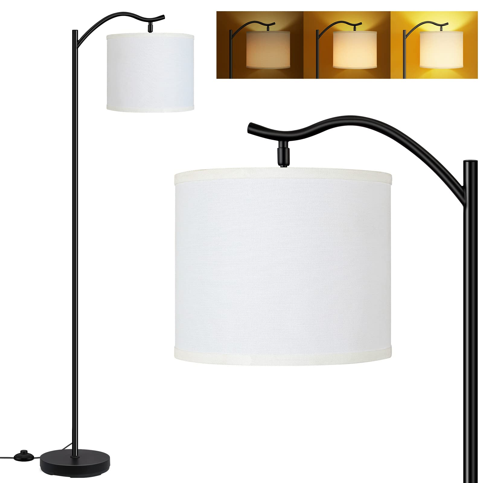 BoostArea Modern LED Arched Floor Lamp with Natural Linen Shade, 3 Brightness Levels, E26 Socket, Footswitch, 63-inch Tall, Whit