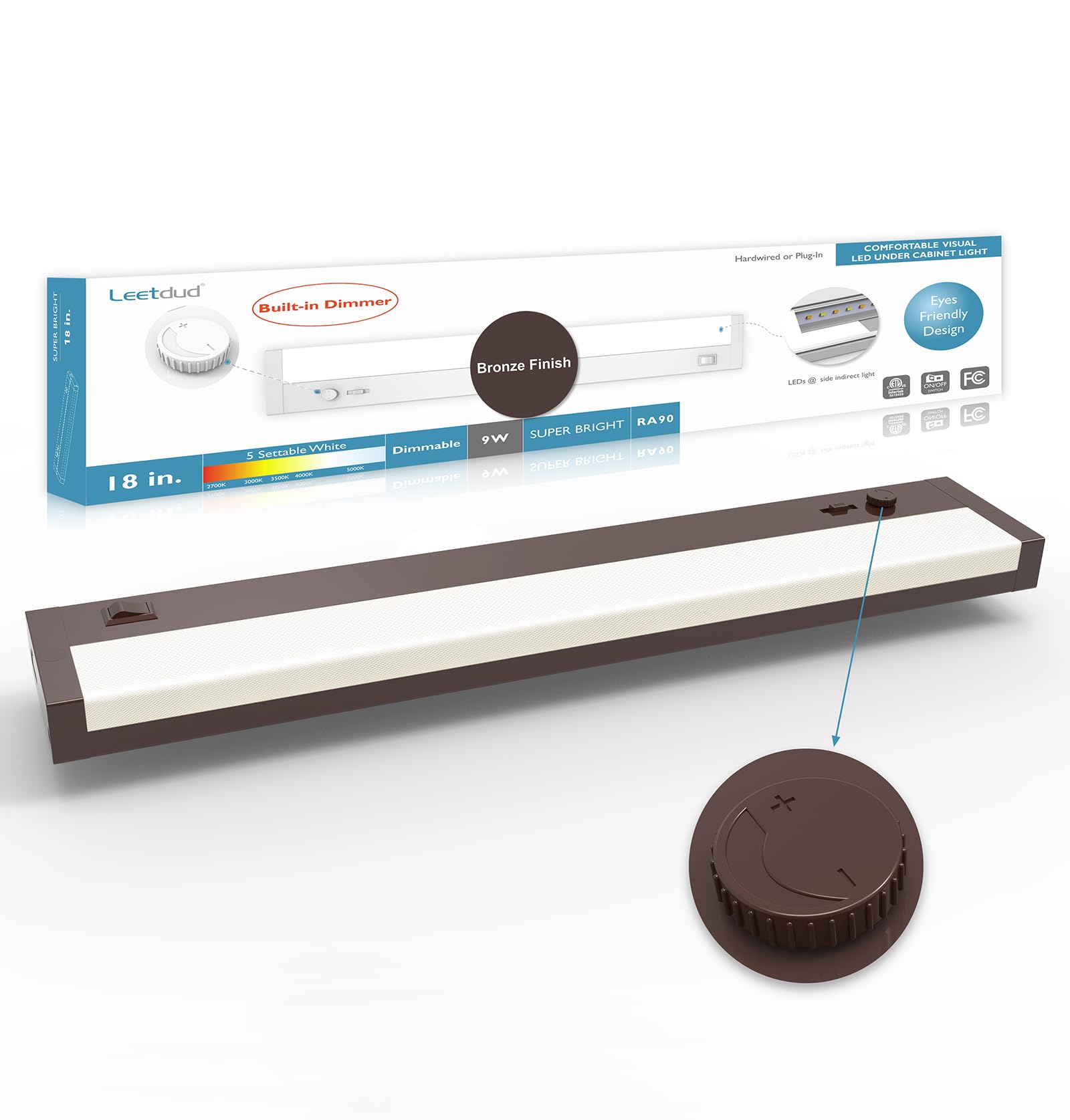 Leetdud LED Under Cabinet Lighting, 18 Inch, 9W Dimmable, 5 Color Options, ETL Listed, Bronze, Model AirKitPro-1809WU-PWM