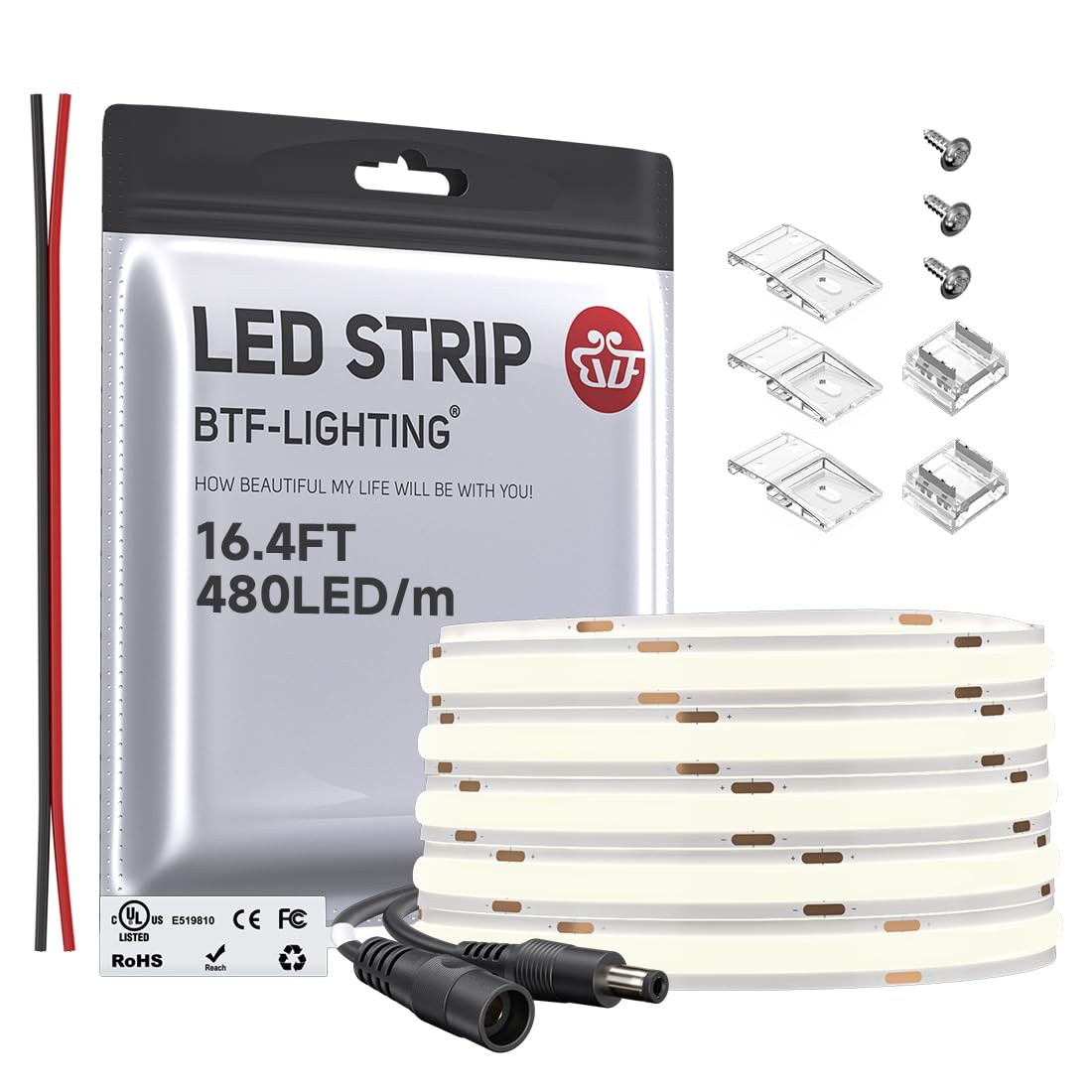 Btf-Lighting Fcob Cob Led Strip Flexible High Density Uniform Light 9W/M 16.4Ft Dc24V Daylight White 5000K 480Leds/M Cri 90+ 8Mm Width Dimmable Led Ribbon For Indoor Decor(No Adapter Or Controller)