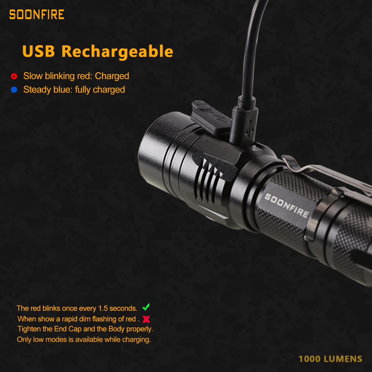 Soonfire 1000 Lumens White Led Flashlight, E Usb Rechargeable Waterproof Compact Edc Law Enforcement Flashlights (Camping, Emerg