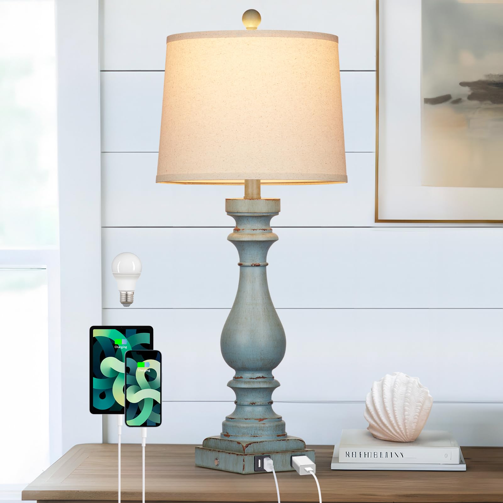 Cinkeda 27.5'' Tall Coastal Lamp,Retro-Blue Vintage Bedside Nightstand Lamps with USB Charging Ports A/C,3-Way Dimmable Touch Co