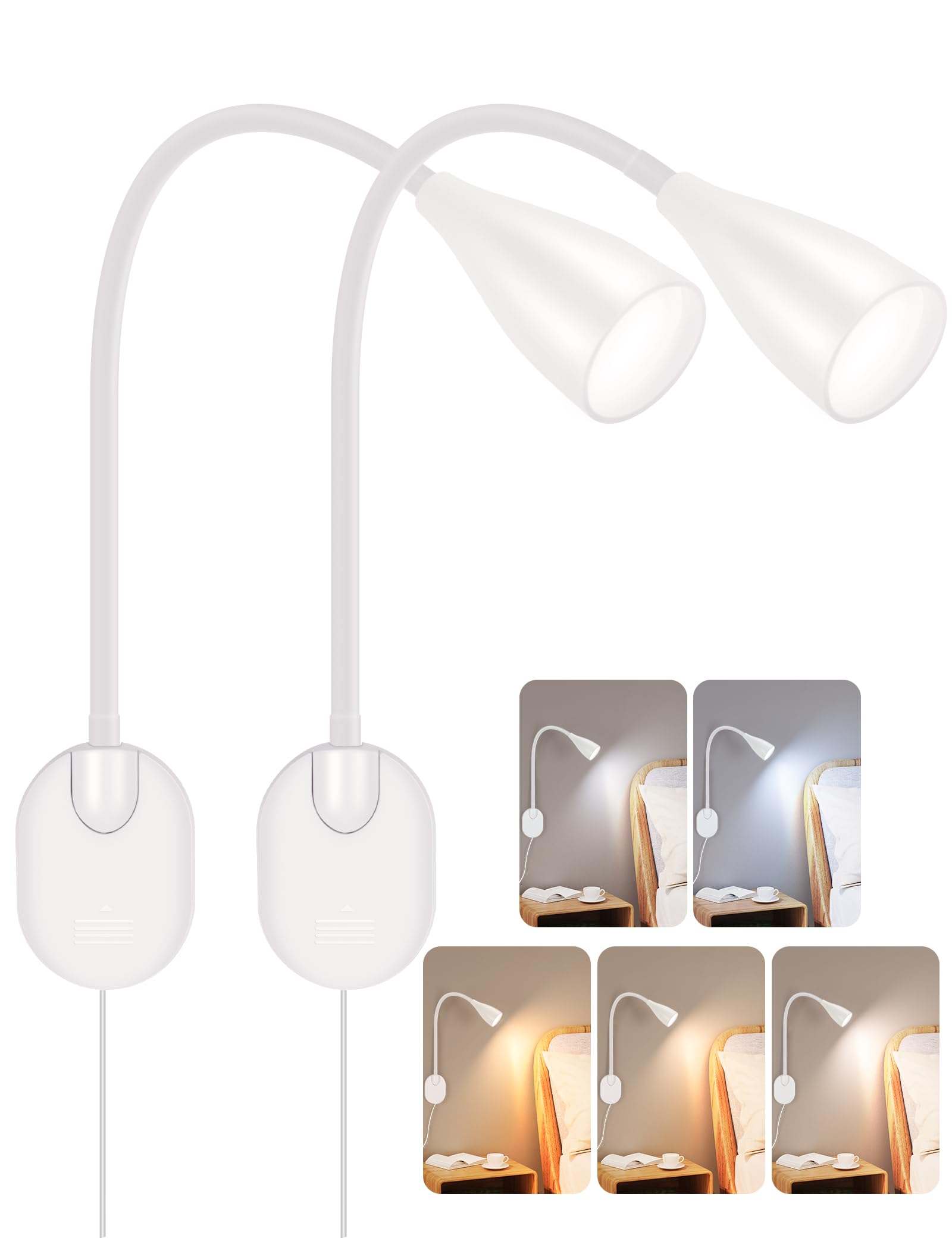LiFMIRA Wall-Mounted LED Bedside Reading Light with USB Charging Port  10-Level Dimmable & Adjustable 5 Color  Plug-in Adhesive Night Lamp for Books in Bed  Eye-Caring Bedroom Lighting (White 2 Pack)