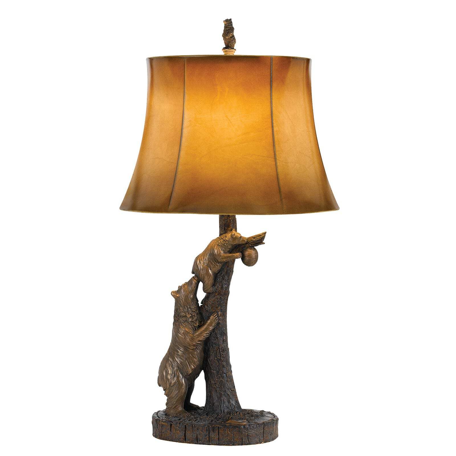 HomeRoots Table Lamp, Bronze Bears Design, Brown Faux Leather Shade, Model 524661, 31 x 16 x 16 in.