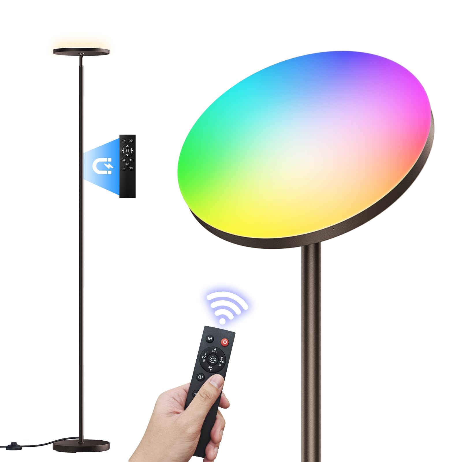 FULSUNT RGB Torchiere Floor Lamp, 32W/3200LM, Remote Control, Stepless Dimming, 69in Tall, Brown, Model FLD-036-F2