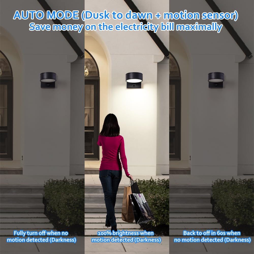 Double Century Motion Sensor Outdoor Wall Sconce, 8W Led Waterproof Light, 3000K/4000K/5000K