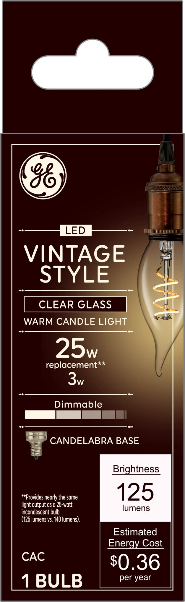 GE Vintage Style LED Light Bulb, 25W, Clear Glass, Candlelight, Small Base, Model 36486, Decorative Lighting (1 Pack)