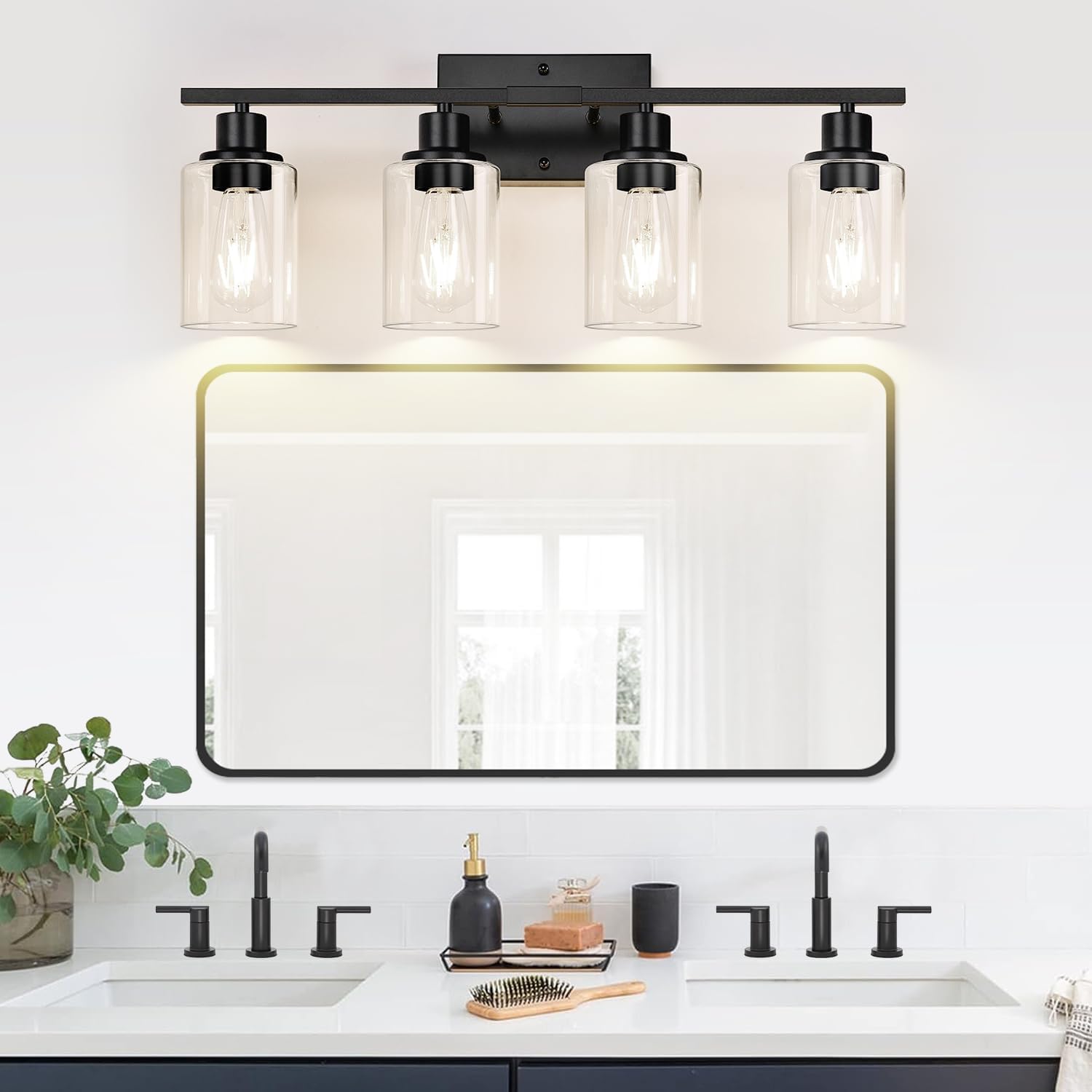 Indoi 4-Light Matte Black Bathroom Light Fixtures, Modern Vanity Lights with Clear Glass Shades, Model OMTYX-031H