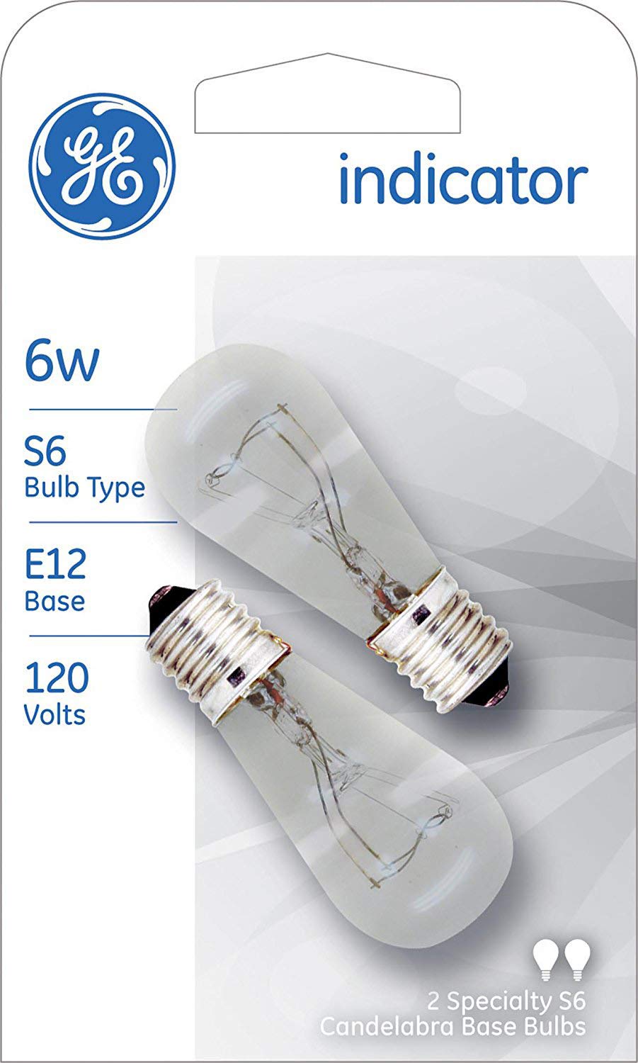 GE Incandescent Light Bulb, S6, 6-Watt, Candelabra Base, Soft White, 2-Pack, Clear Bulbs