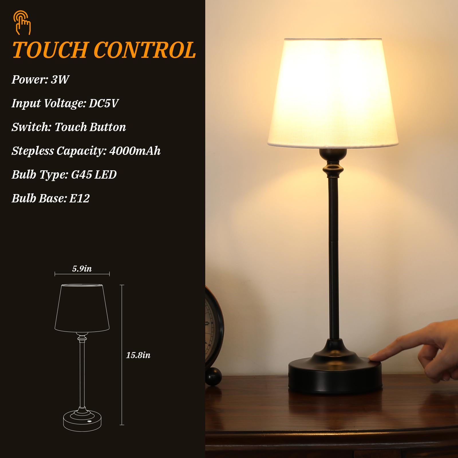 Kakanuo Cordless Table Lamp Rechargeable Black - 1 Pack 4000Mah Battery Operated Lamp For Decor, 3000K Stepless Dimming Touch Co