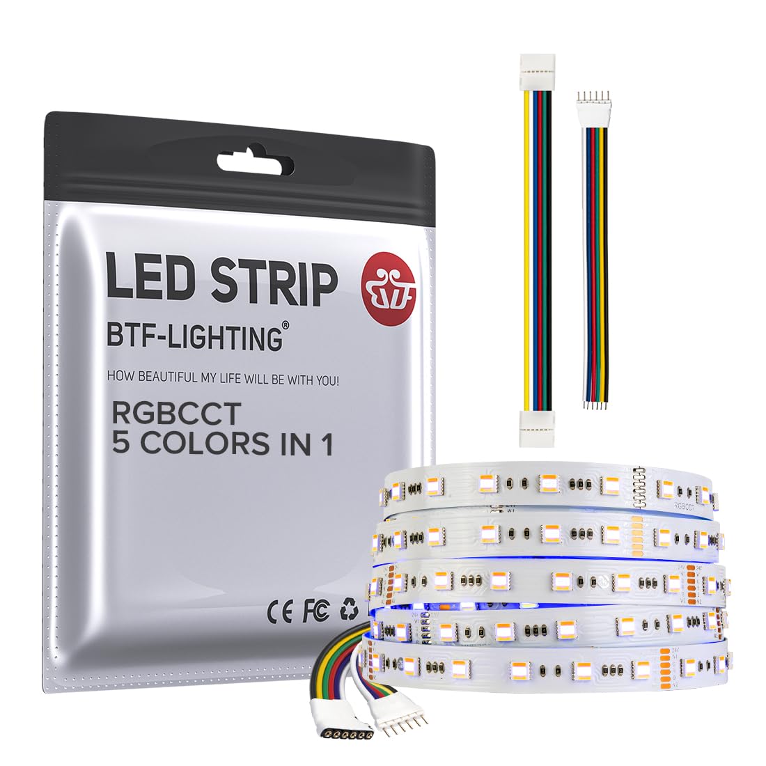 BTF-LIGHTING LED Tape Lights, RGBCCT 5 Colors, 16.4FT, 300LEDs, DC24V, IP30, Dimmable, Tunable Color