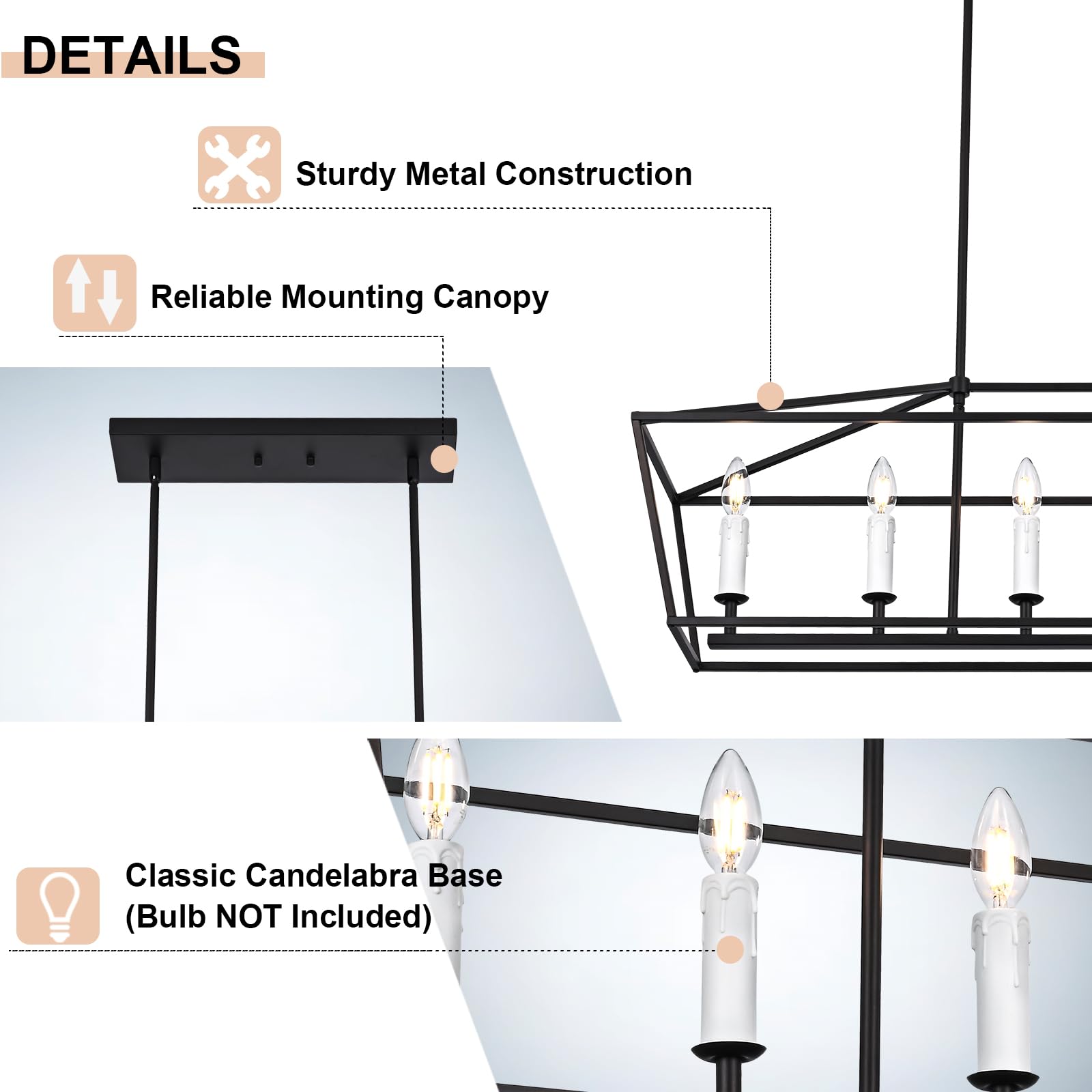 Winshen 6-Light Black Island Lighting  Industrial Pendant Light Fixtures Candle-Style For Kitchen Dining Room Living Room  E12 Bulb Base