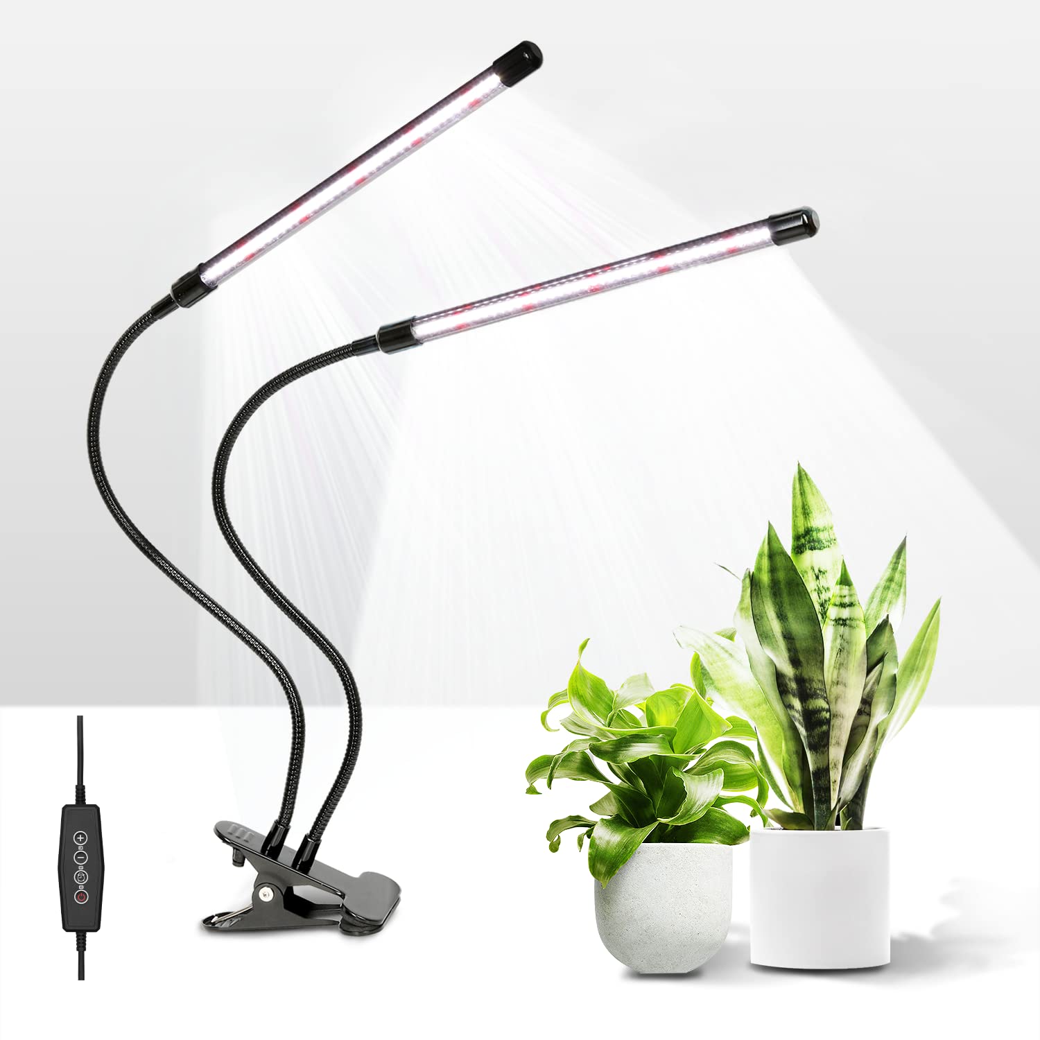 iPower LED Grow Light - Full Spectrum Plant Lamp, 2 Tubes, Adjustable Tripod, Gooseneck, White, 3 Timing Modes, 5 Dimmable Levels