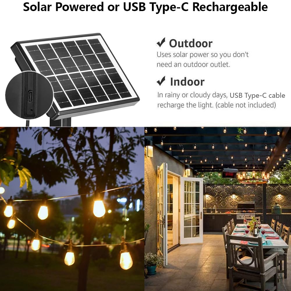 Sunthin 100Ft Solar String Light Outdoor, Usb Rechargeable Patio Solar Outdoor Lights With Waterproof & Shatterproof 30 Led Bulb