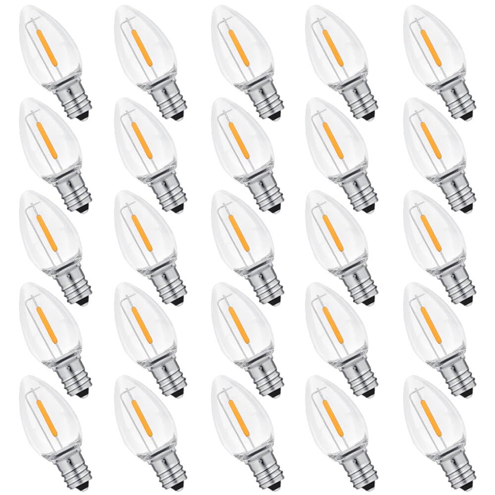 Neteha 25 Pack C7 Clear Led Replacement Christmas Light Bulb, C7 E12 Base 120V Waterproof Led Bulbs For Christmas Outdoor String