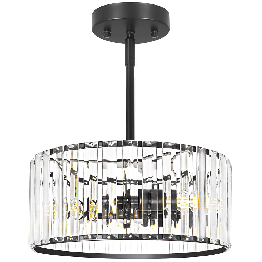 Black 3 Light Crystal Chandelier  Modern Dining Room Light Fixture Over Table  Round Kitchen Lighting Fixture  Farmhouse Semi Flush Mount Ceiling Pendant Light For Living Room Bedroom Hallway Entryway