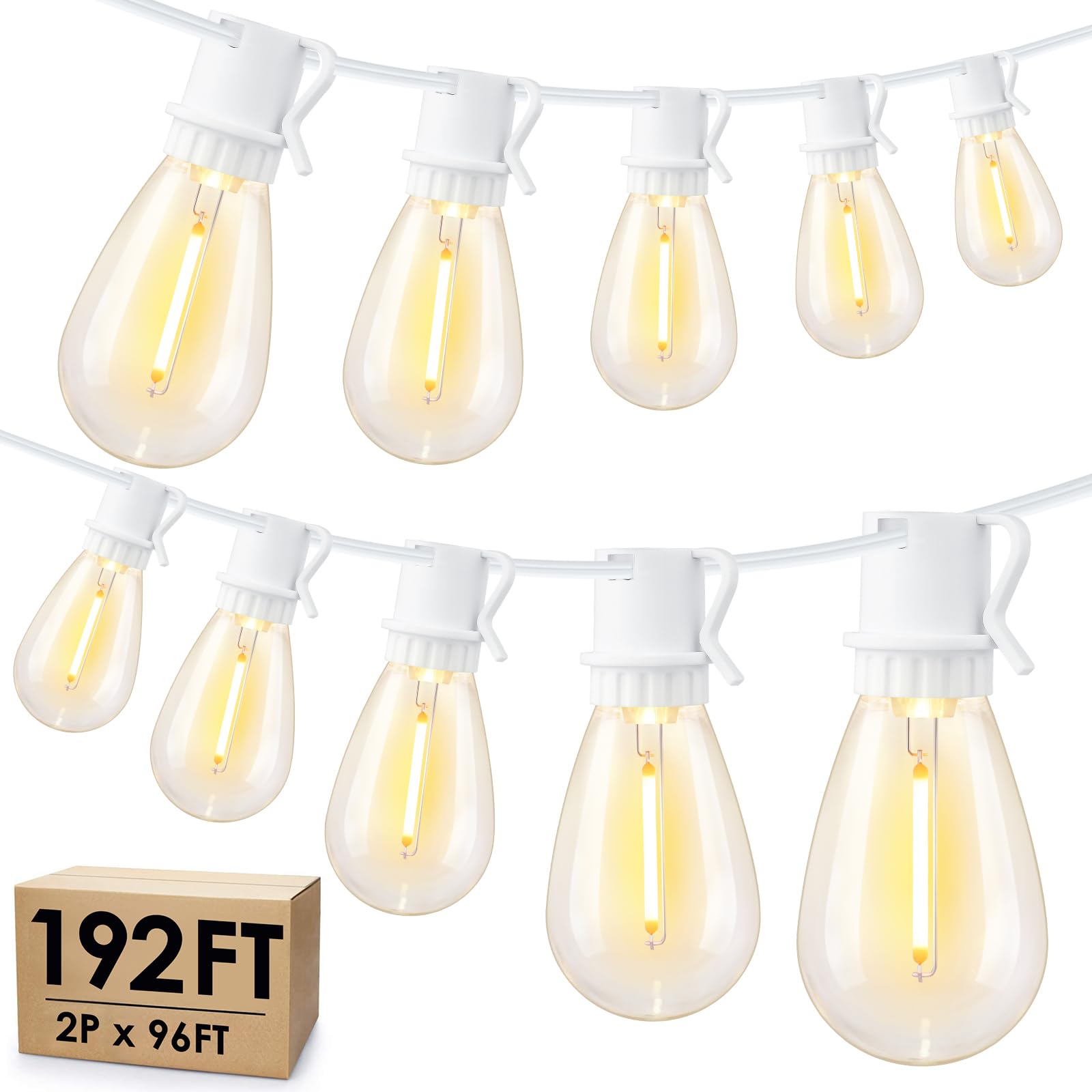 Larkvue 192FT(2x96FT) LED Outdoor String Lights, Linkable Patio Light with 60+3 2700K Waterproof Dimmable Hanging Bulbs for Perg