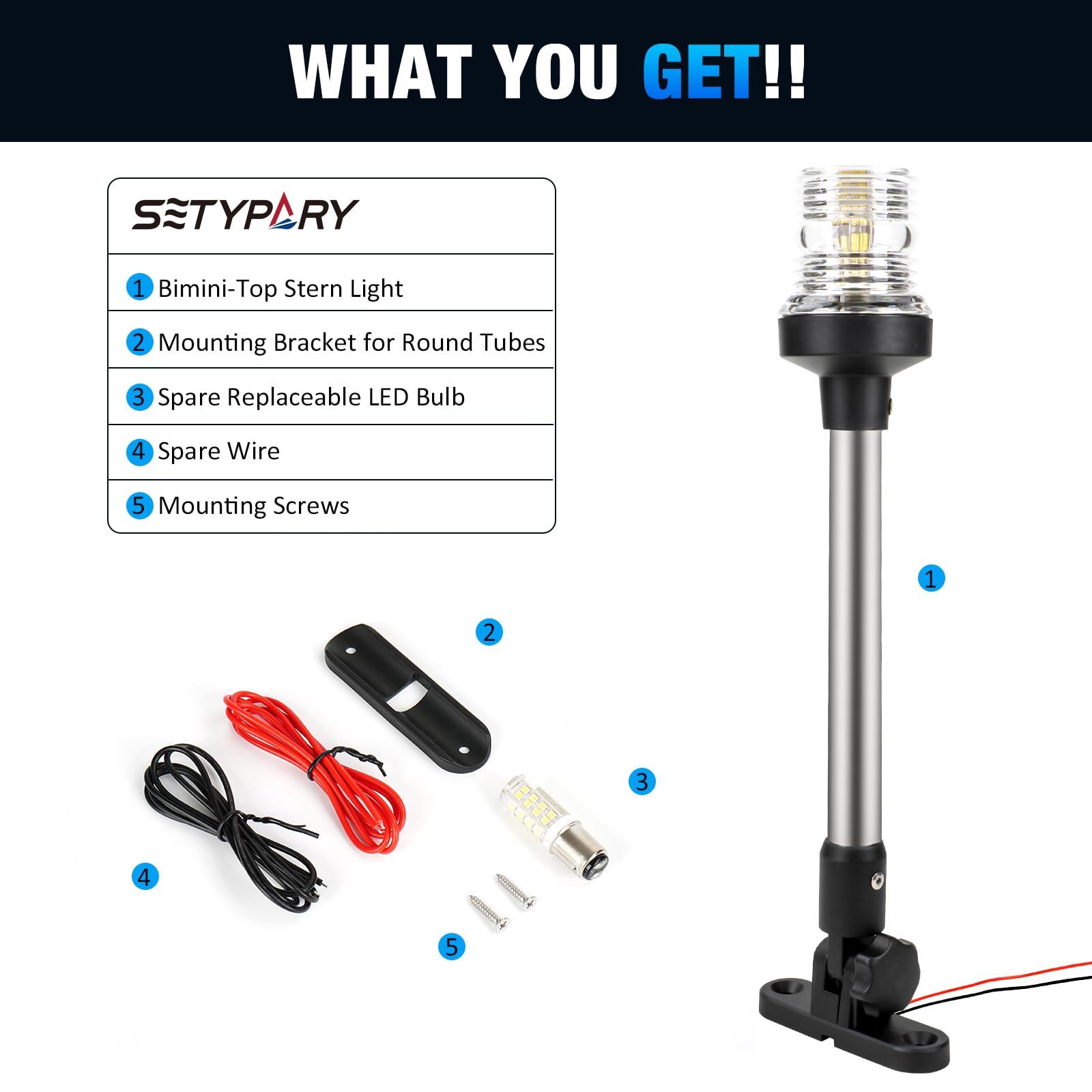 SETYPARY LED Stern Light Bimini Top Anchor Light, 18 Inch, Waterproof IP67, 3 NM Visibility, Model SPBSL001