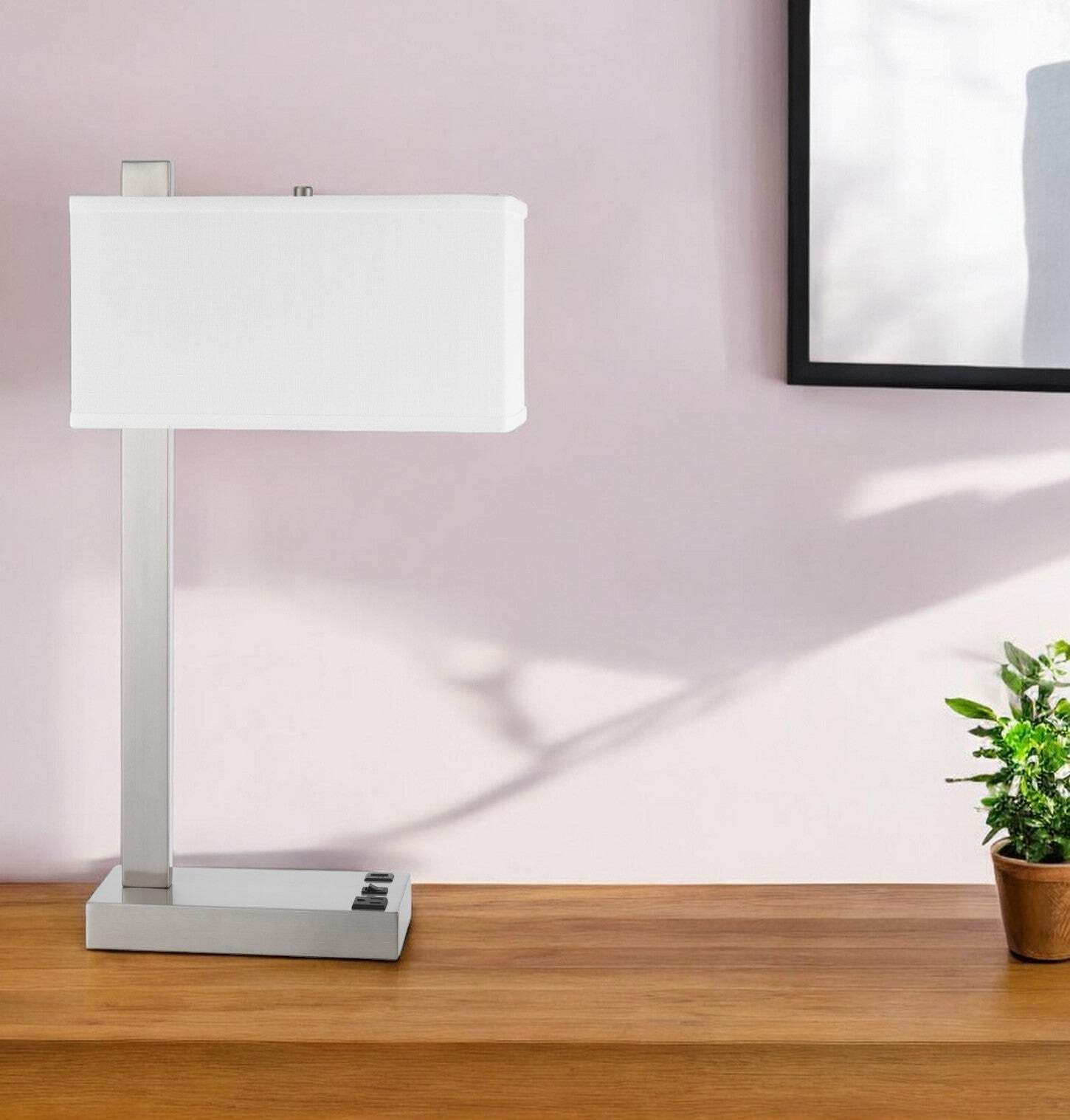 Homeroots Metal Desk Lamp - 25 In. Usb Table Lamp With White Rectangular Shade, Model 524761, Nickel Finish