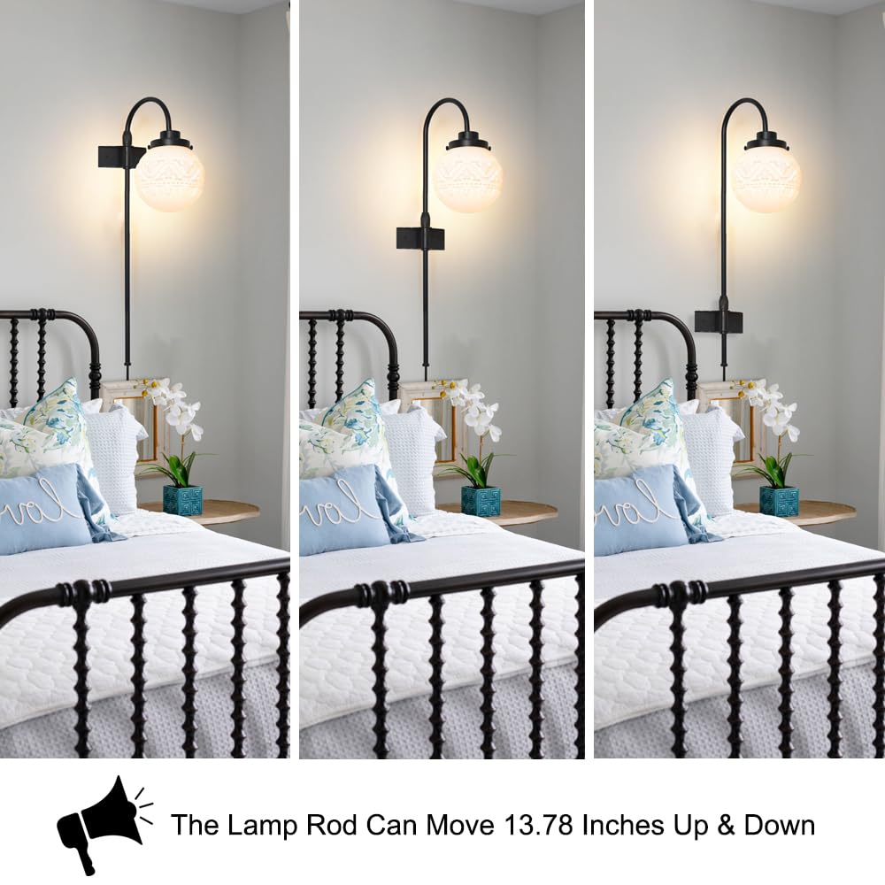 Daunton Plug in Wall Sconces Set of 2, Adjustable Metal Lights, Black and White Glass, Model 241022