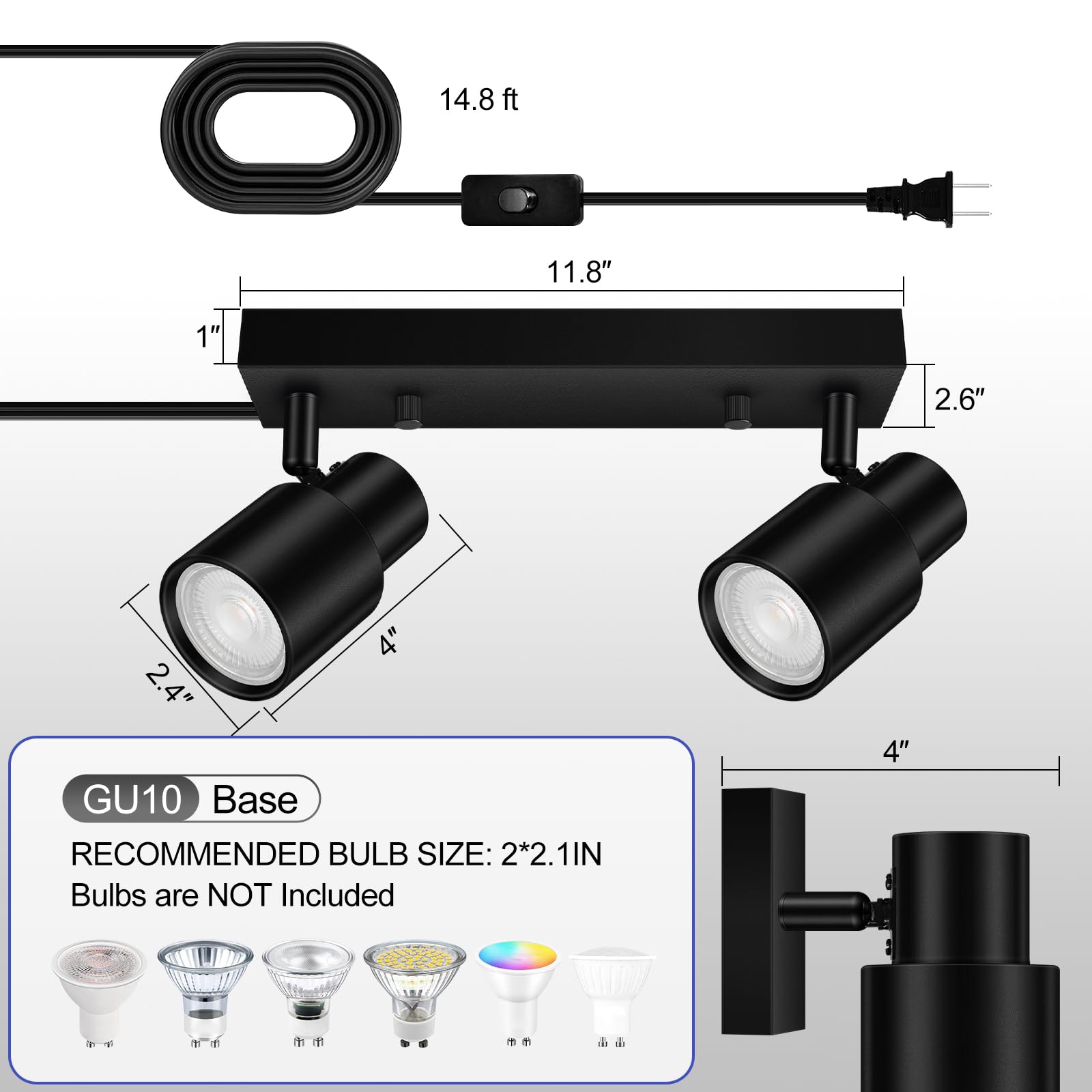 Bricosmocon 2-Light Track Lighting Kit, Black Metal, LED Ceiling Fixtures, 14.8FT Cord, Rotatable Spotlight for Kitchen and Bedroom