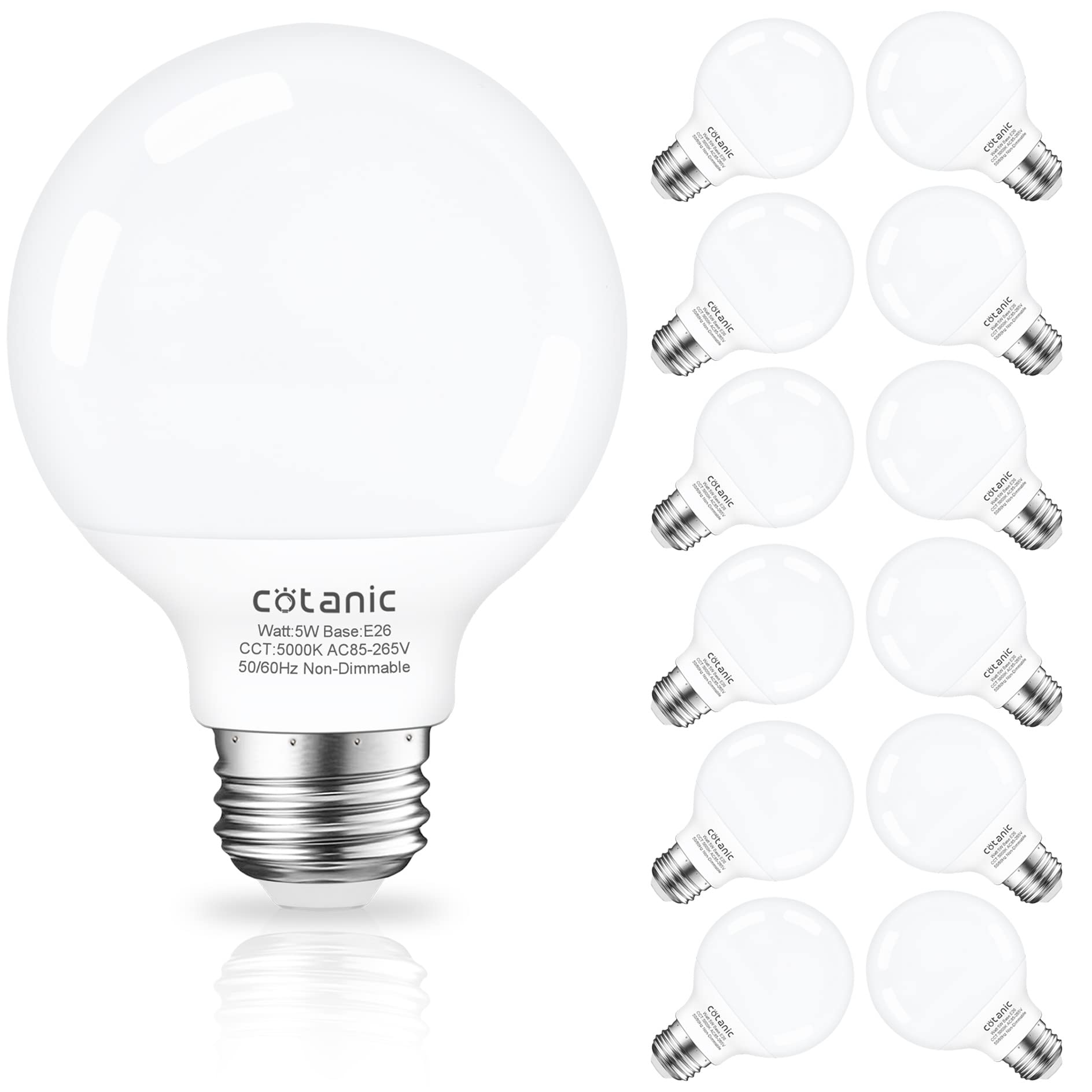 Cotanic 5000K Daylight Led Globe Light Bulbs, E26 Standard Base, 5W(60 Watt Equivalent Incandescent Replacement), 500Lm, Non-Dim