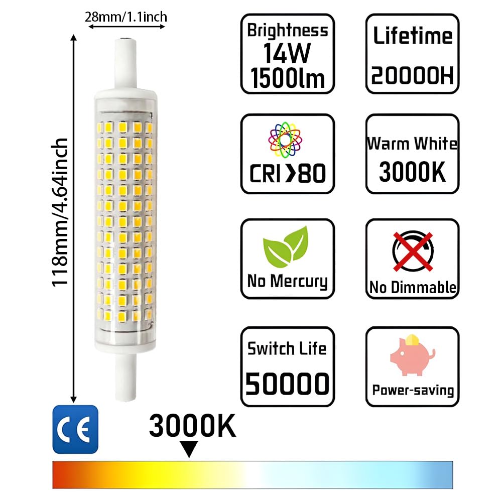 Geminilite R7S Led Bulb 118Mm 14W J118 T3 Led Bulb Floodlight 1500Lm Led Warm White 3000K R7S Led Lamp Replacement For 140W R7S