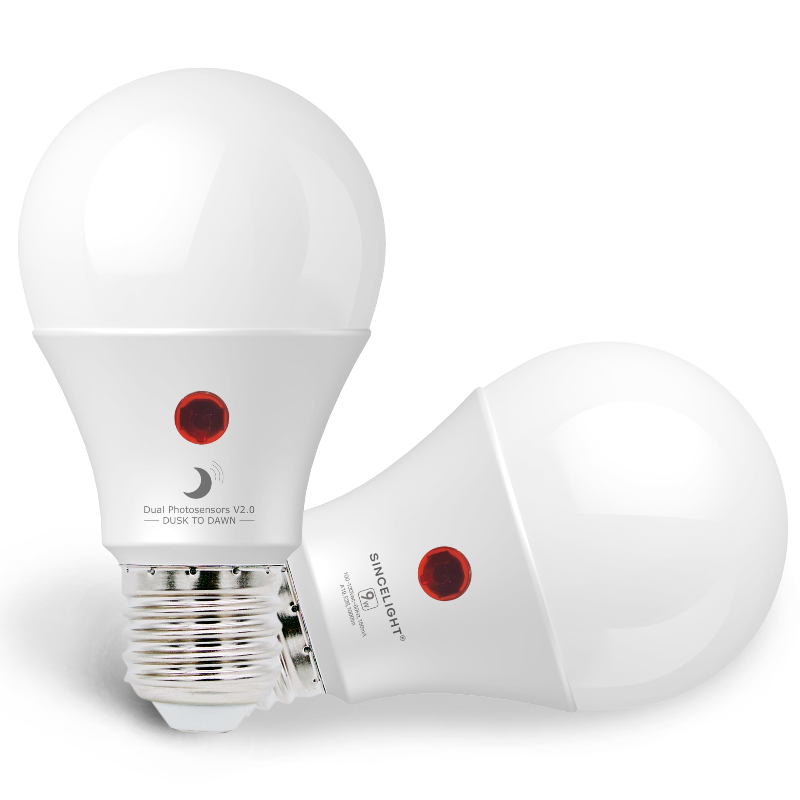 SINCELIGHT Dusk to Dawn LED Bulbs, 9 Watt, 4000K Neutral White, E26, Pack of 2, Automatic ON/OFF with Dual Daylight Sensor