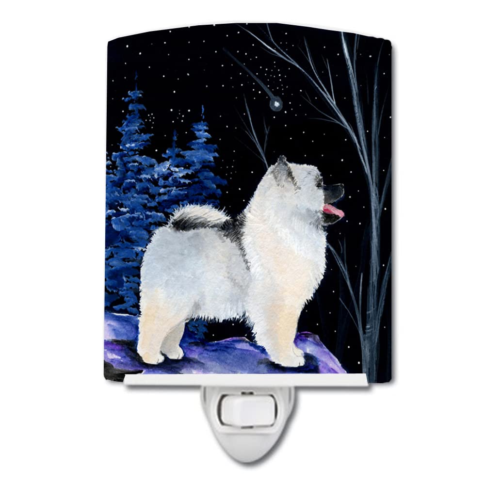 Caroline'S Treasures Ss8380Cnl Starry Night Keeshond Ceramic Night Light Compact, Ul-Certified, Ideal For Bedroom, Bathroom, Nursery, Hallway, Kitchen, 6X4X3, Multicolor