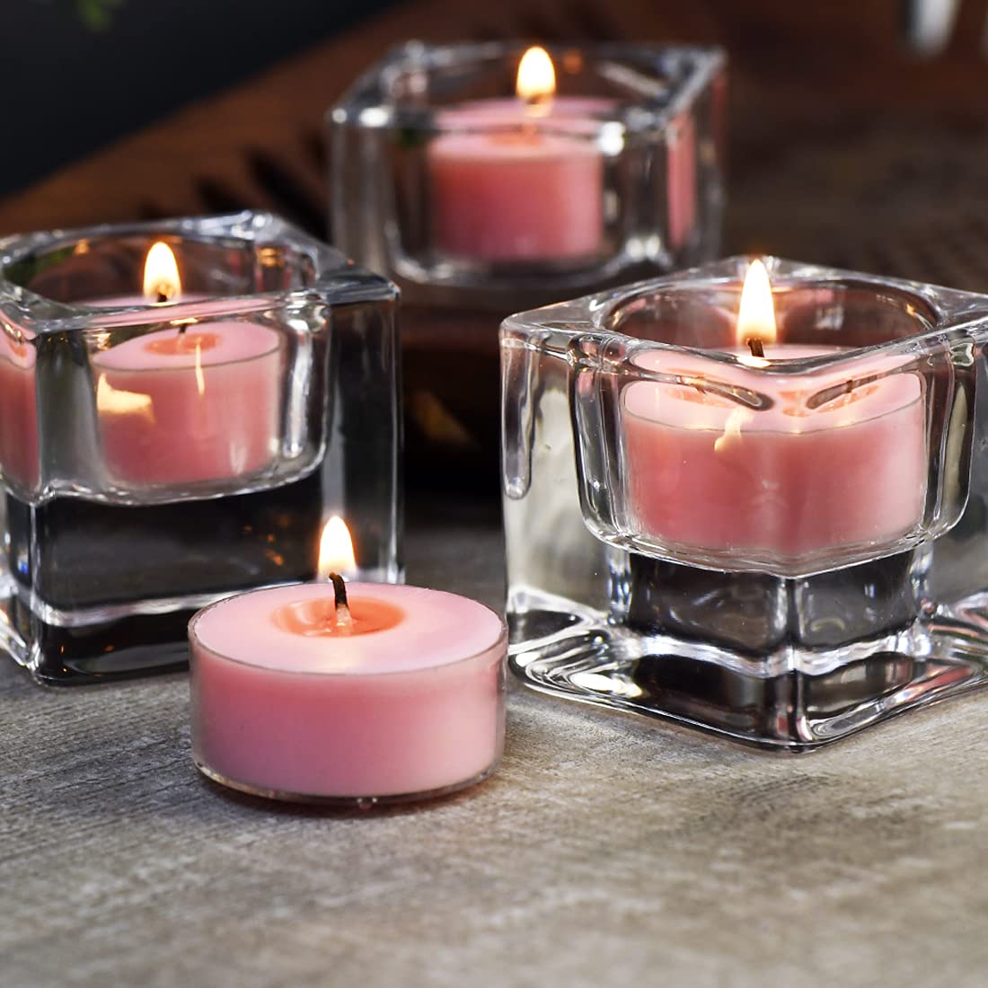 DEYBBY Natural Rose Scented Soy Wax Tealight Candles, 24 Pack, Pink, 4-Hour Burn Time, Model DES1X05B