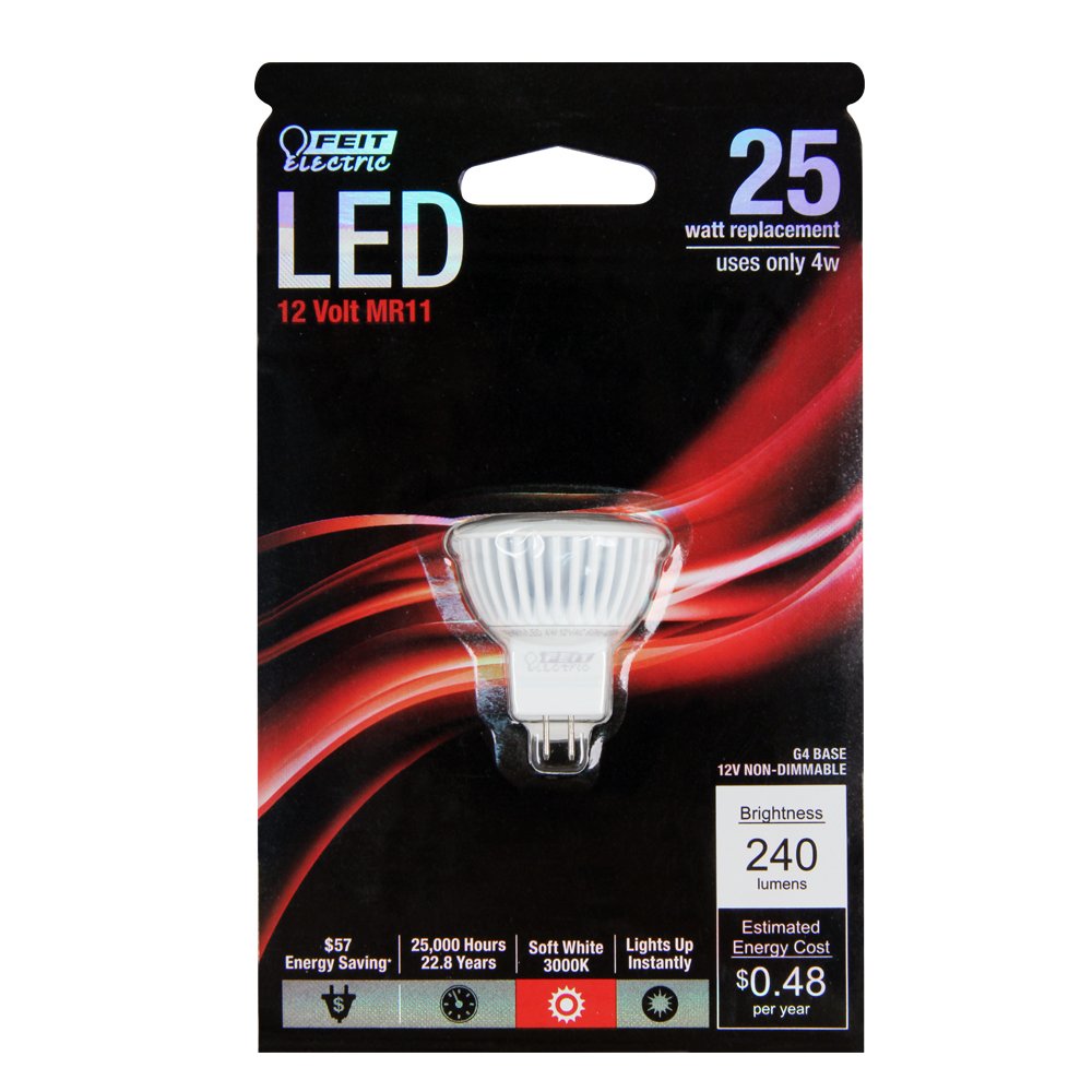 Feit Electric LED Light Bulb, 25W Equivalent, MR11 G4 Base, Plastic, 1.5in H x 1.35in D, Model BPMR11/LED